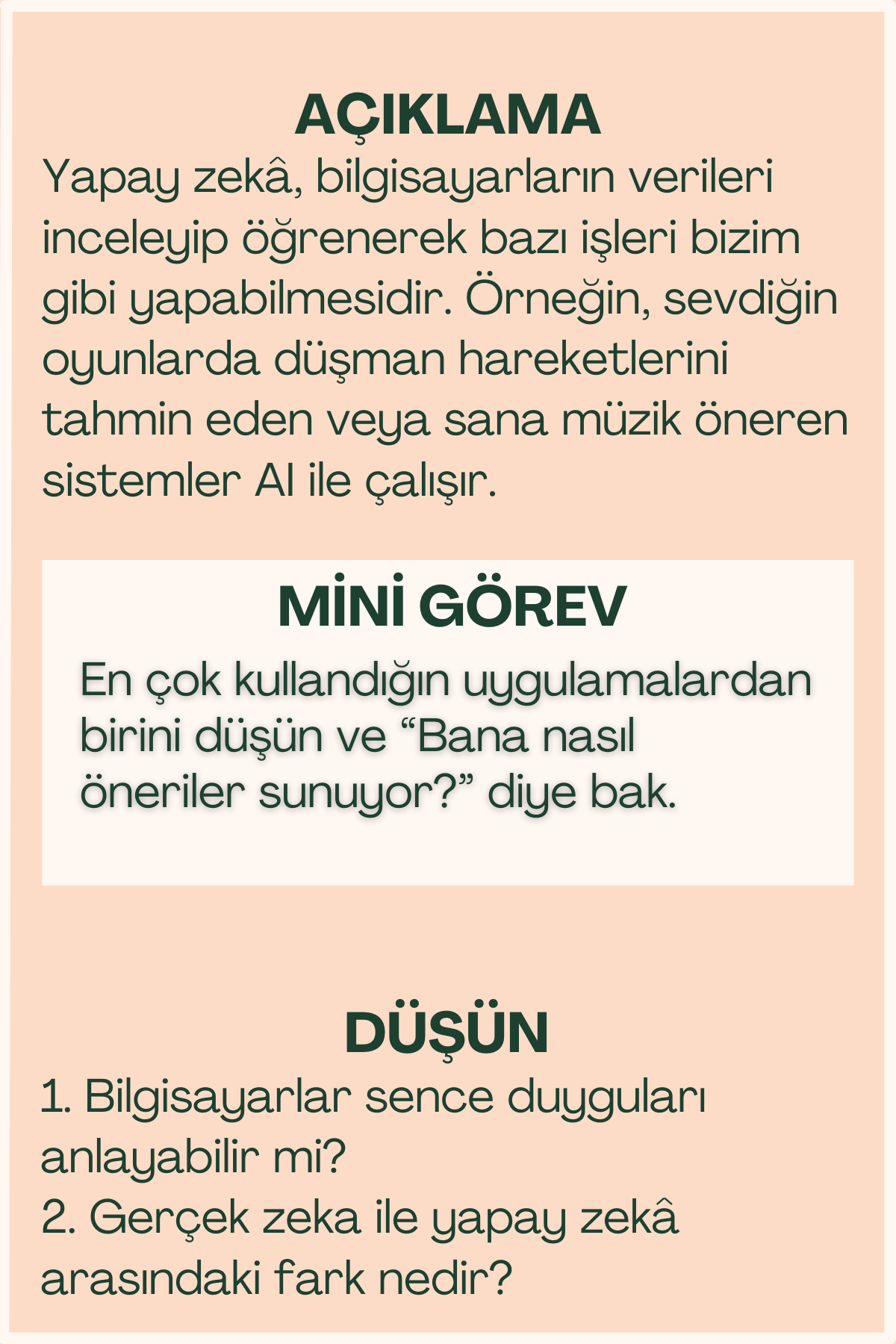Yapay Zeka açıklaması ve mini görev içeren flash kart arka yüzü