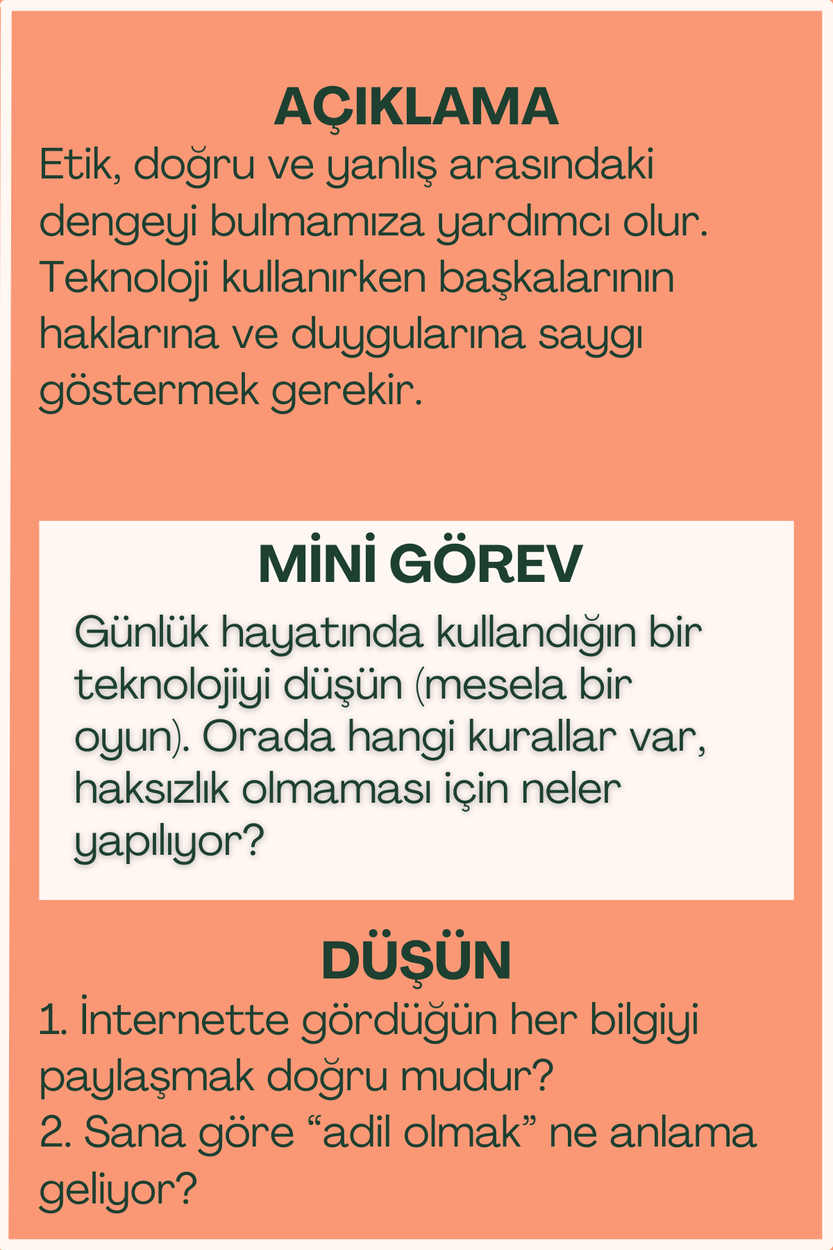 Etik konusunda açıklama ve mini görev içeren flash kart arka yüzü