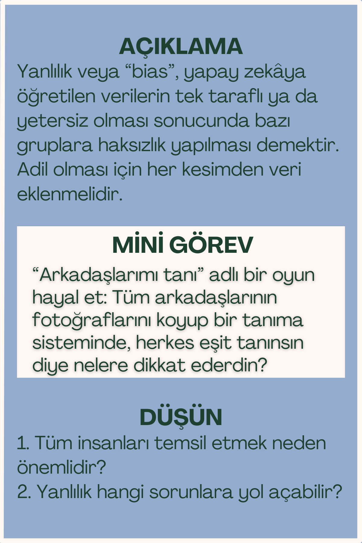 Bias açıklaması ve mini görev içeren flash kart arka yüzü