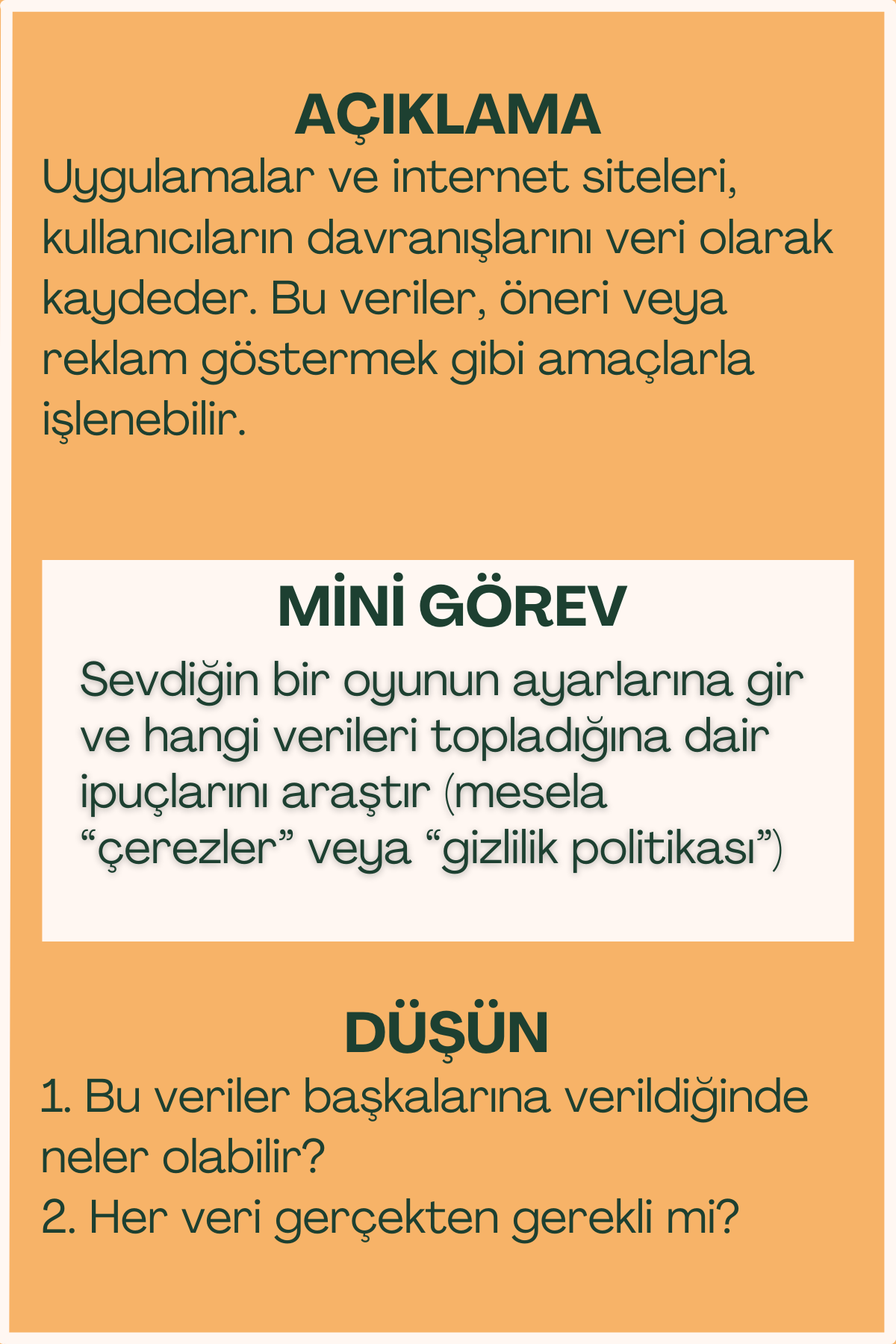 Veri toplama açıklaması ve mini görev içeren flash kart arka yüzü