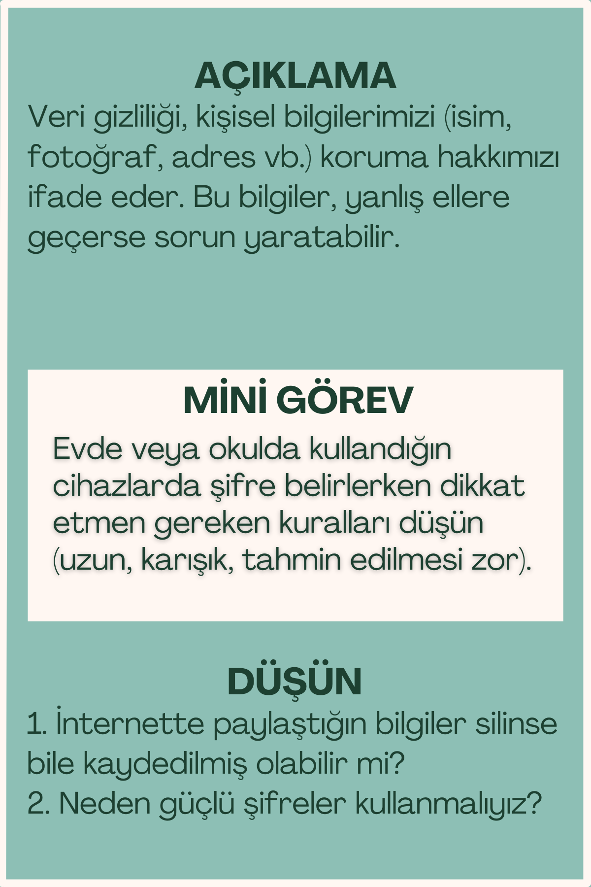Veri gizliliği açıklaması ve mini görev içeren flash kart arka yüzü