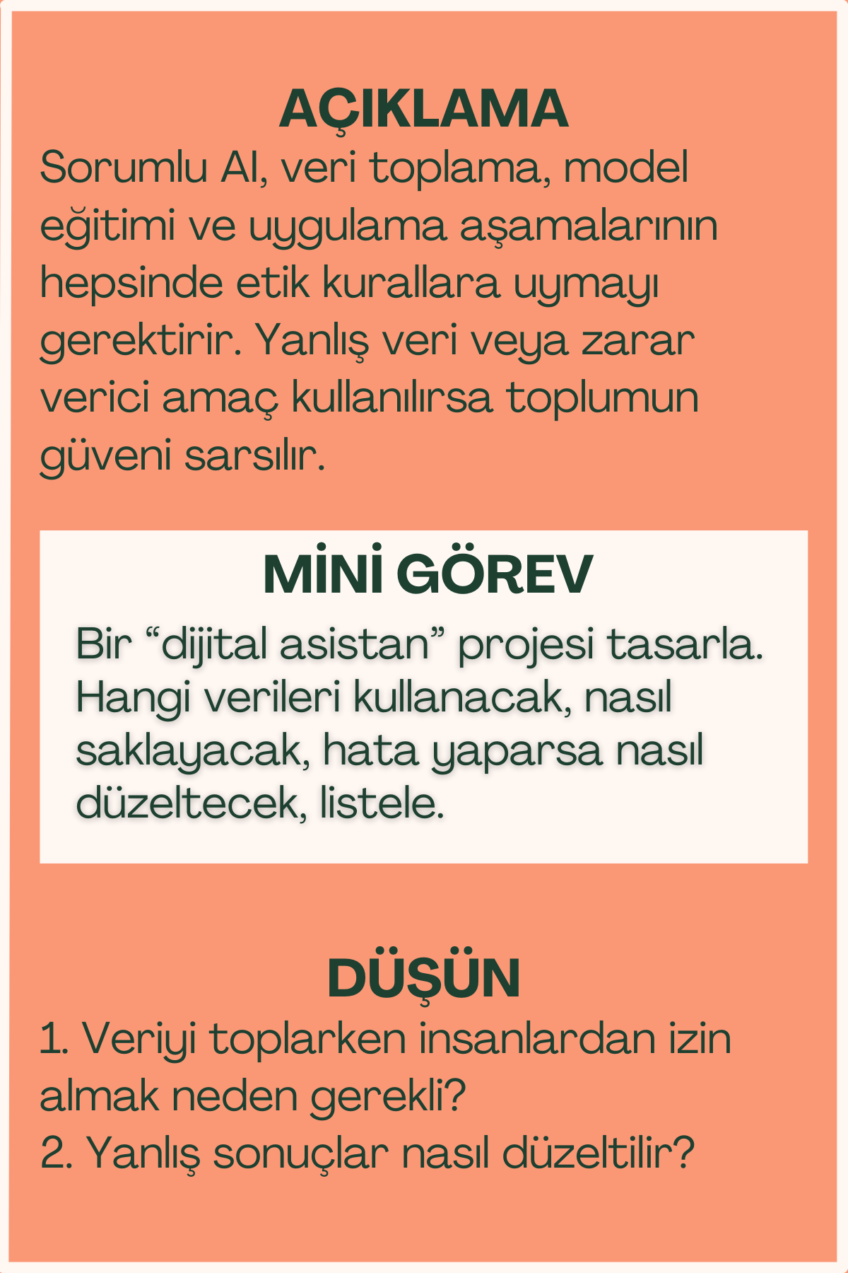 Sorumlu AI geliştirme açıklaması ve mini görev içeren flash kart arka yüzü