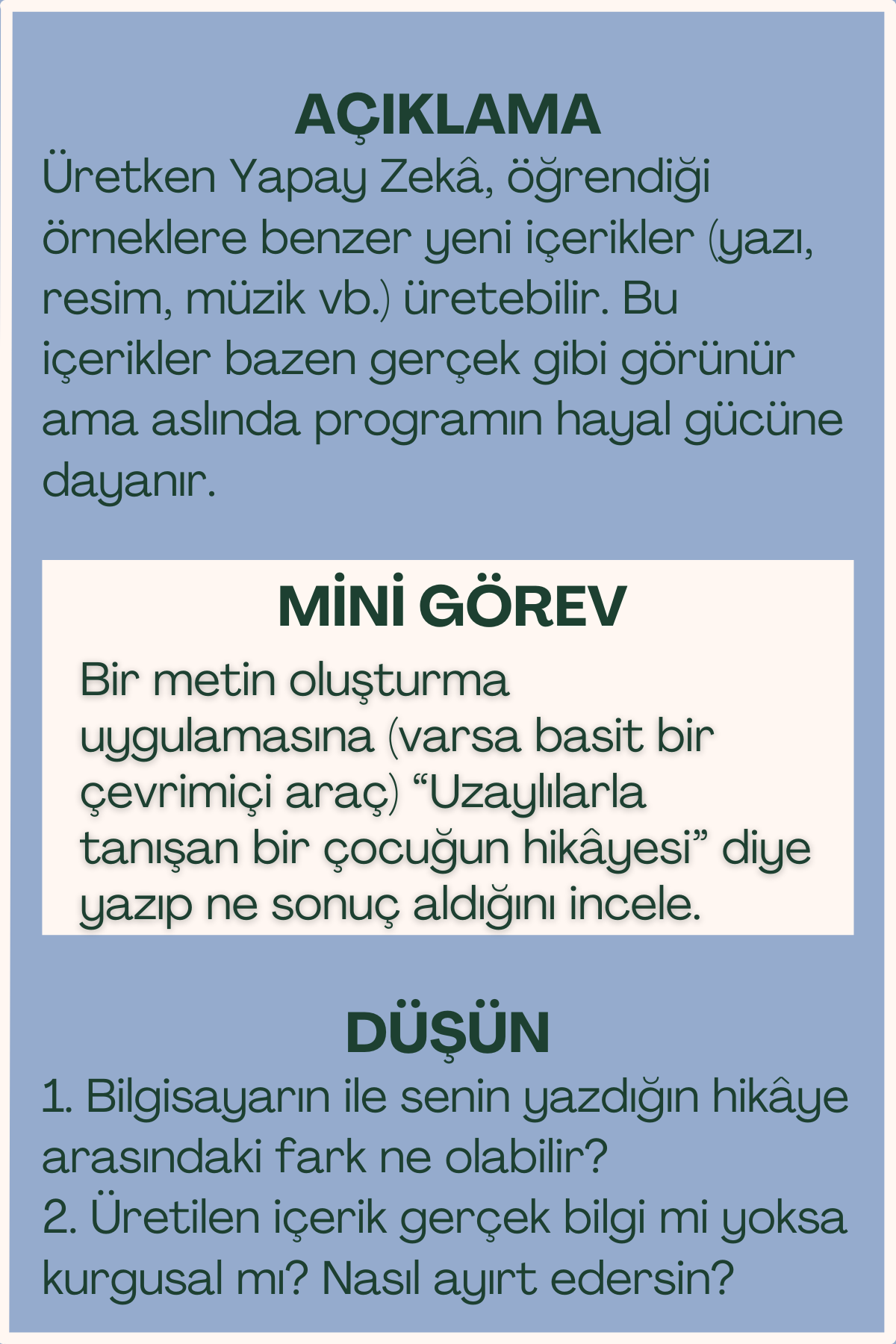 Üretken YZ açıklaması ve mini görev içeren flash kart arka yüzü