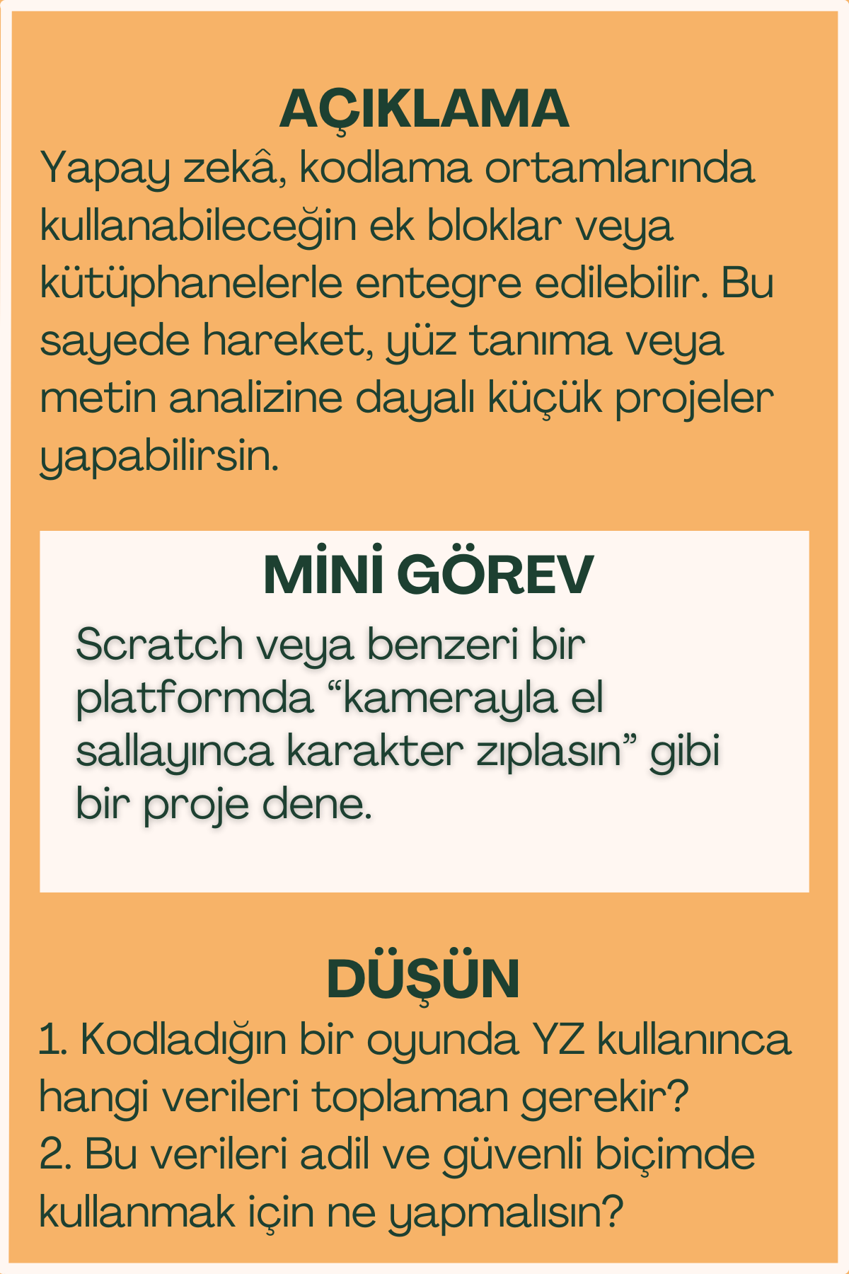 Yapay zekâ ile kodlama açıklaması ve mini görev içeren flash kart arka yüzü