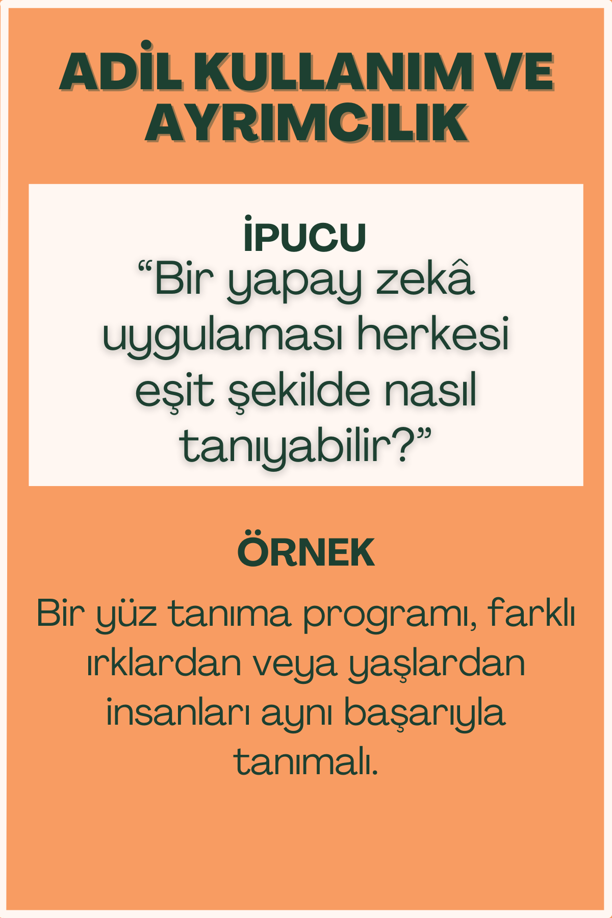Adil kullanım ve ayrımcılık konulu flash kart ön yüzü