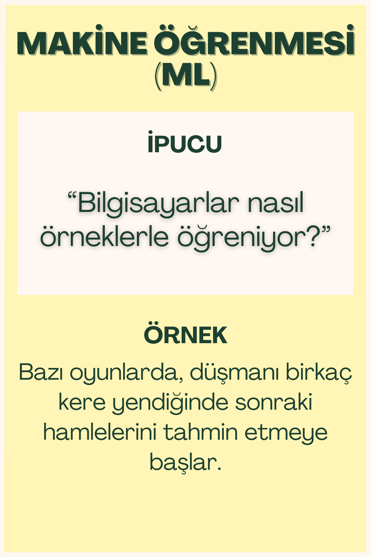 Makine öğrenmesi konulu flash kart ön yüzü