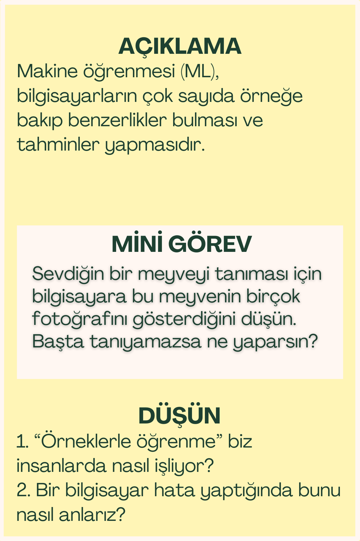 Makine öğrenmesi açıklaması ve mini görev içeren flash kart arka yüzü