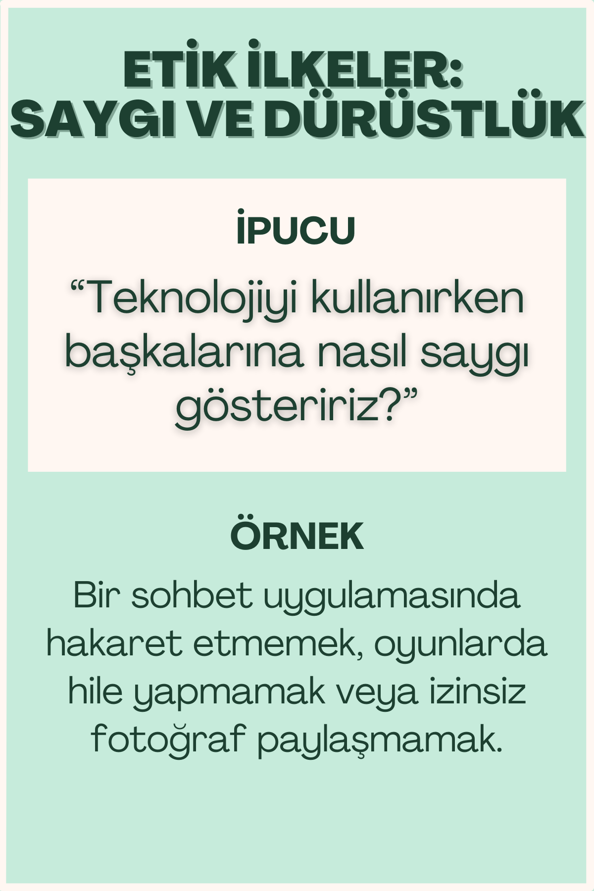 Etik ilkeler saygı ve dürüstlük konulu flash kart ön yüzü