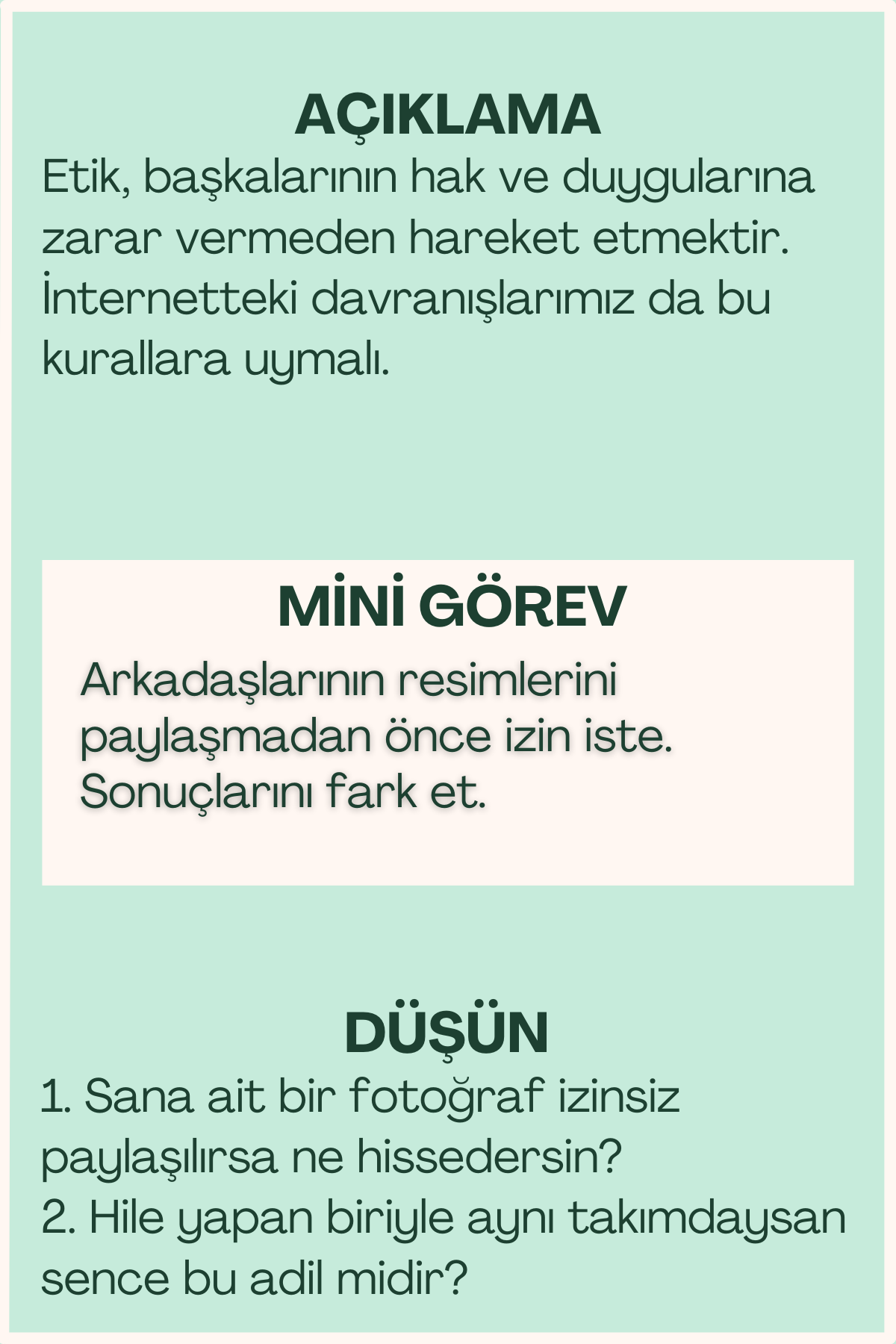 Etik ilkeler açıklaması ve mini görev içeren flash kart arka yüzü