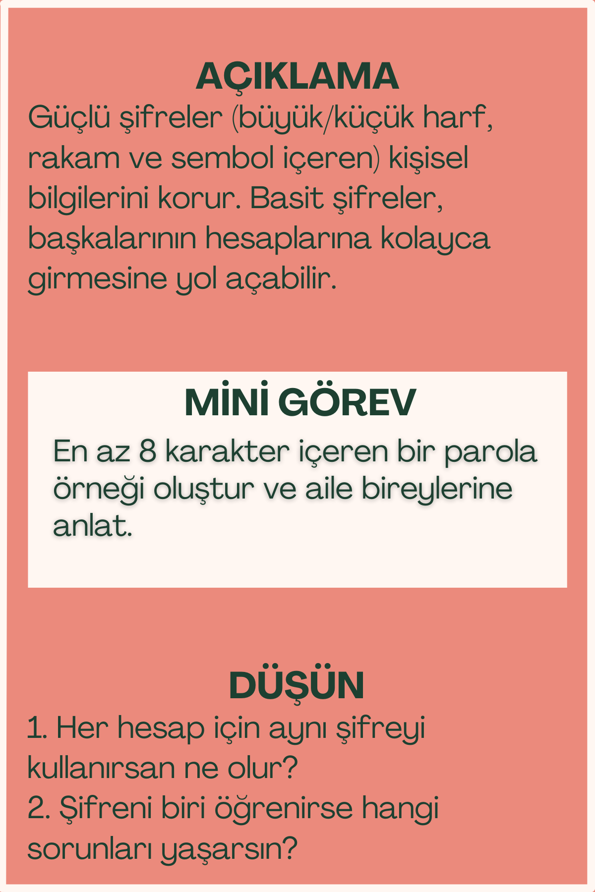 Güçlü parola açıklaması ve mini görev içeren flash kart arka yüzü