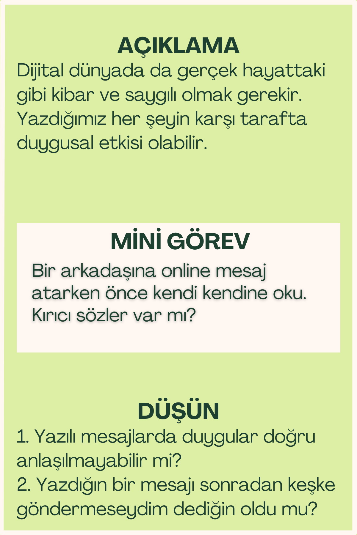 İnternet etiği açıklaması ve mini görev içeren flash kart arka yüzü