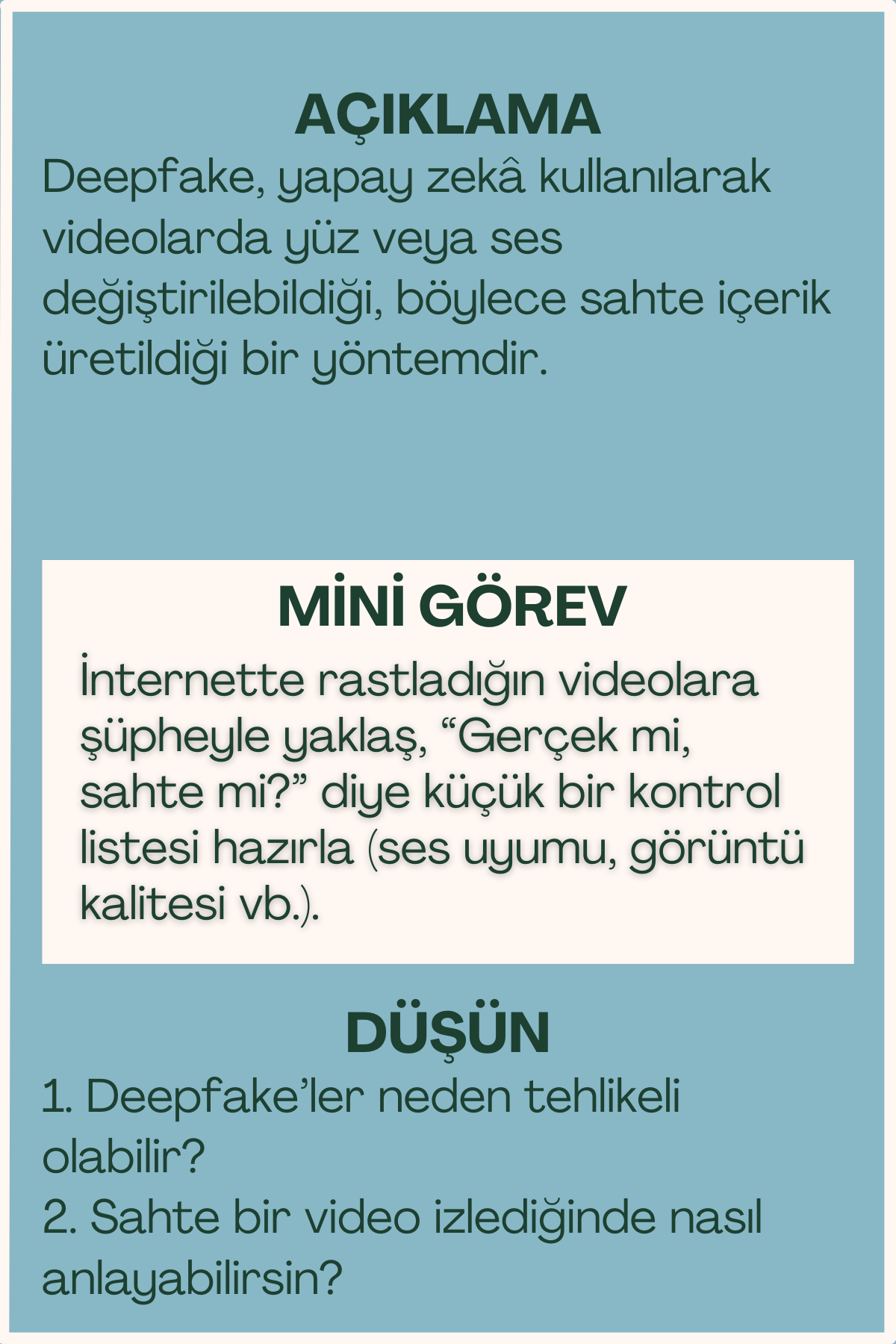 Deepfake açıklaması ve mini görev içeren flash kart arka yüzü
