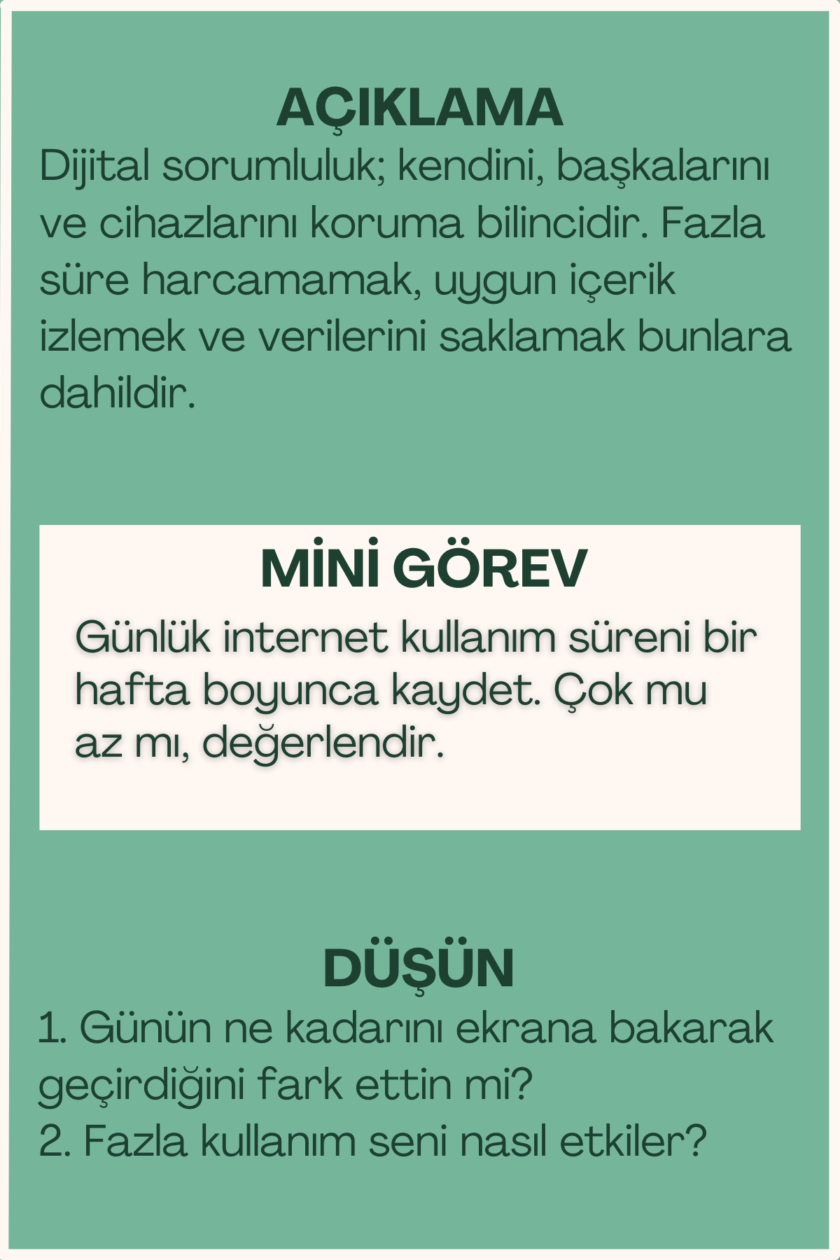Dijital sorumluluk açıklaması ve mini görev içeren flash kart arka yüzü
