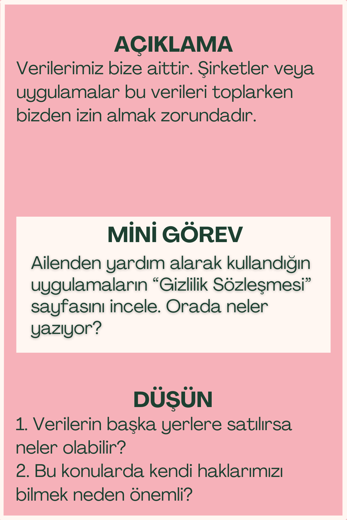 Veri sahipliği açıklaması ve mini görev içeren flash kart arka yüzü