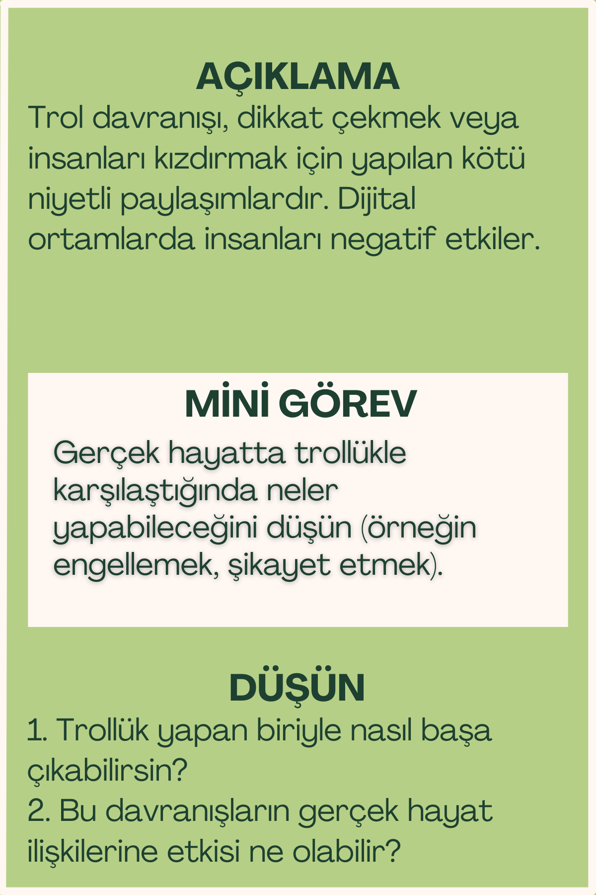 Trollük açıklaması ve mini görev içeren flash kart arka yüzü