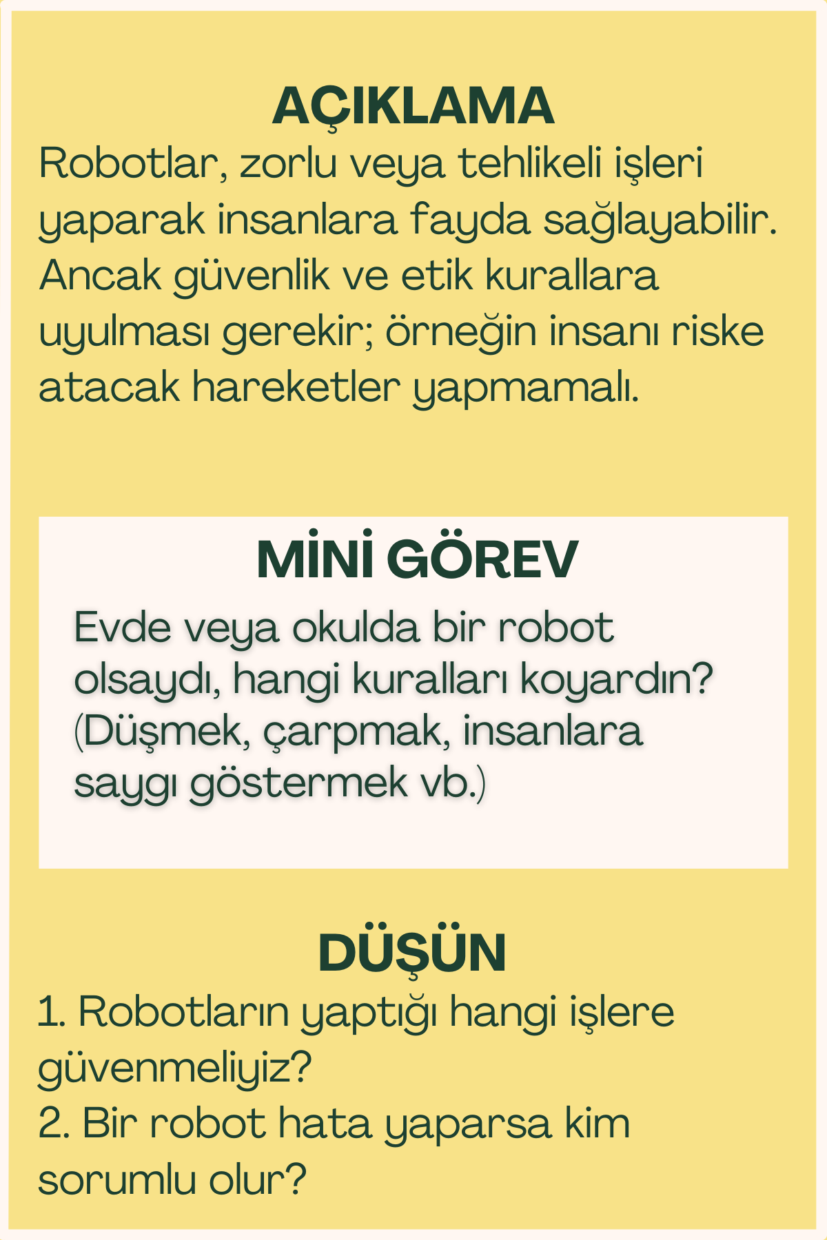 Robotik ve etik açıklaması ve mini görev içeren flash kart arka yüzü