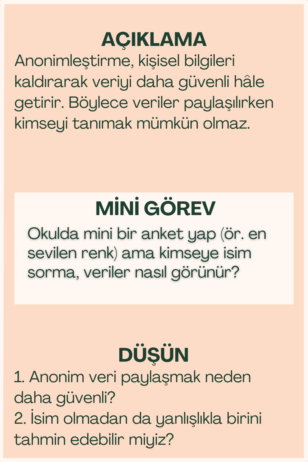 Veri anonimleştirme açıklaması ve mini görev içeren flash kart arka yüzü