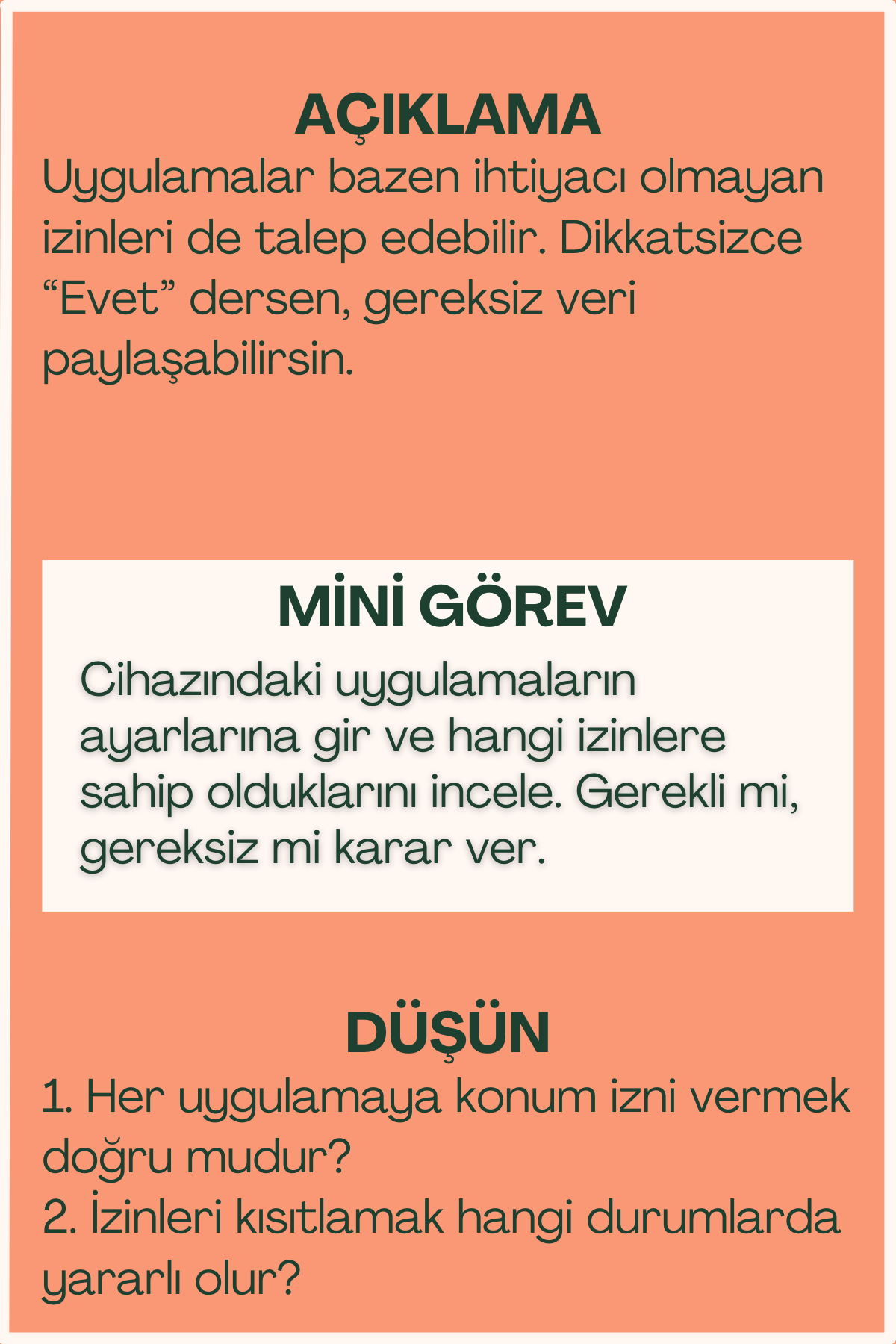 Veri izni açıklaması ve mini görev içeren flash kart arka yüzü