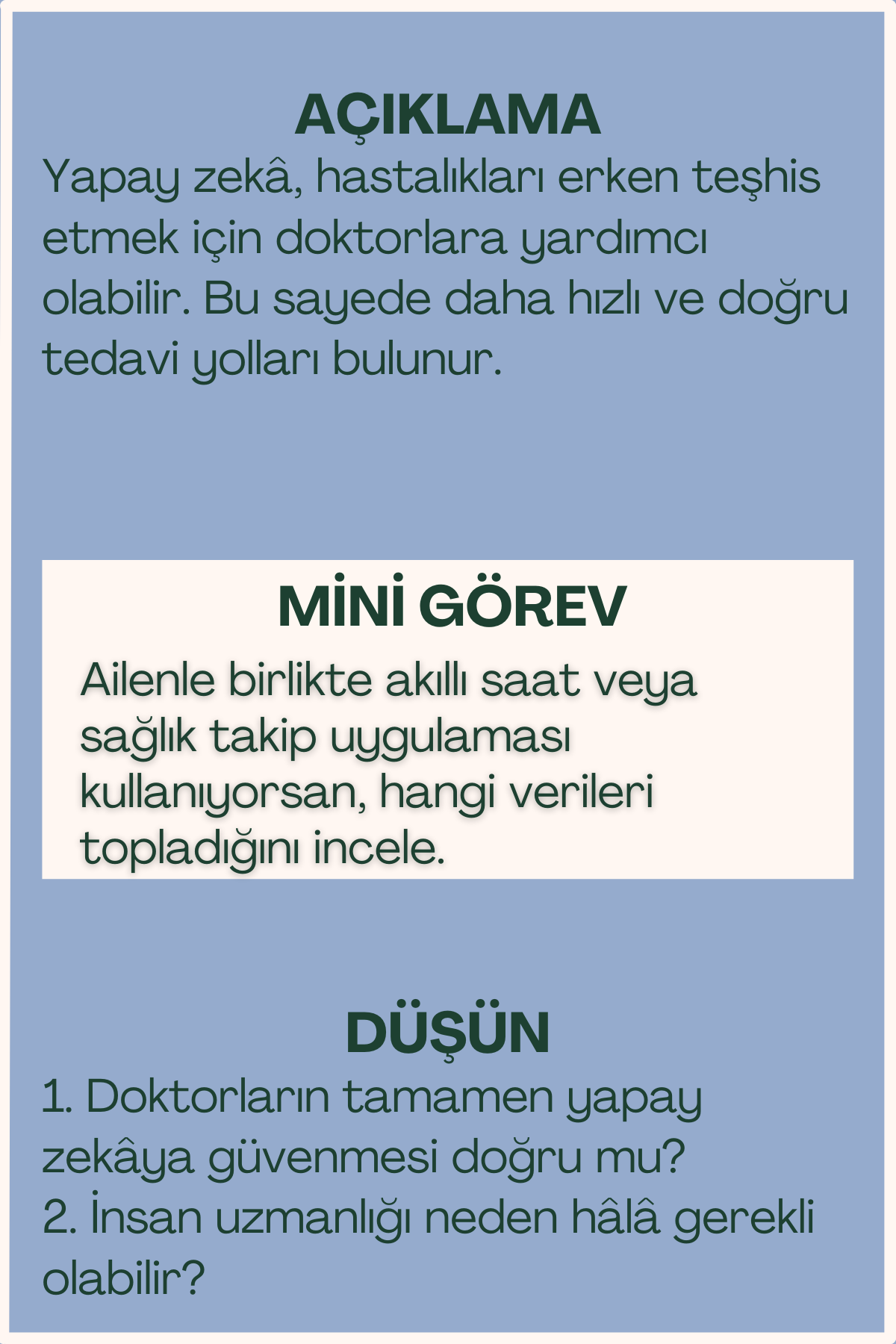 Yapay zekâ ve sağlık açıklaması ve mini görev içeren flash kart arka yüzü