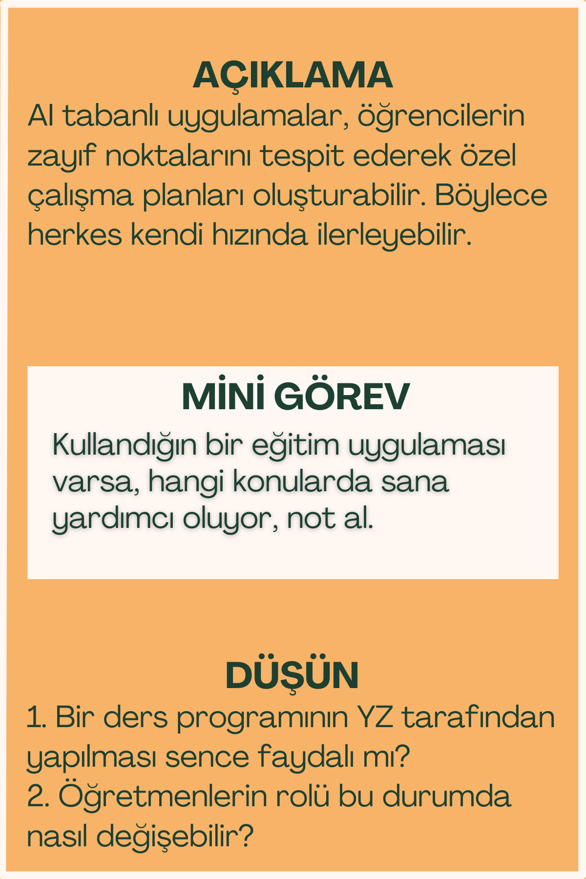 Yapay zekâ ve eğitim açıklaması ve mini görev içeren flash kart arka yüzü