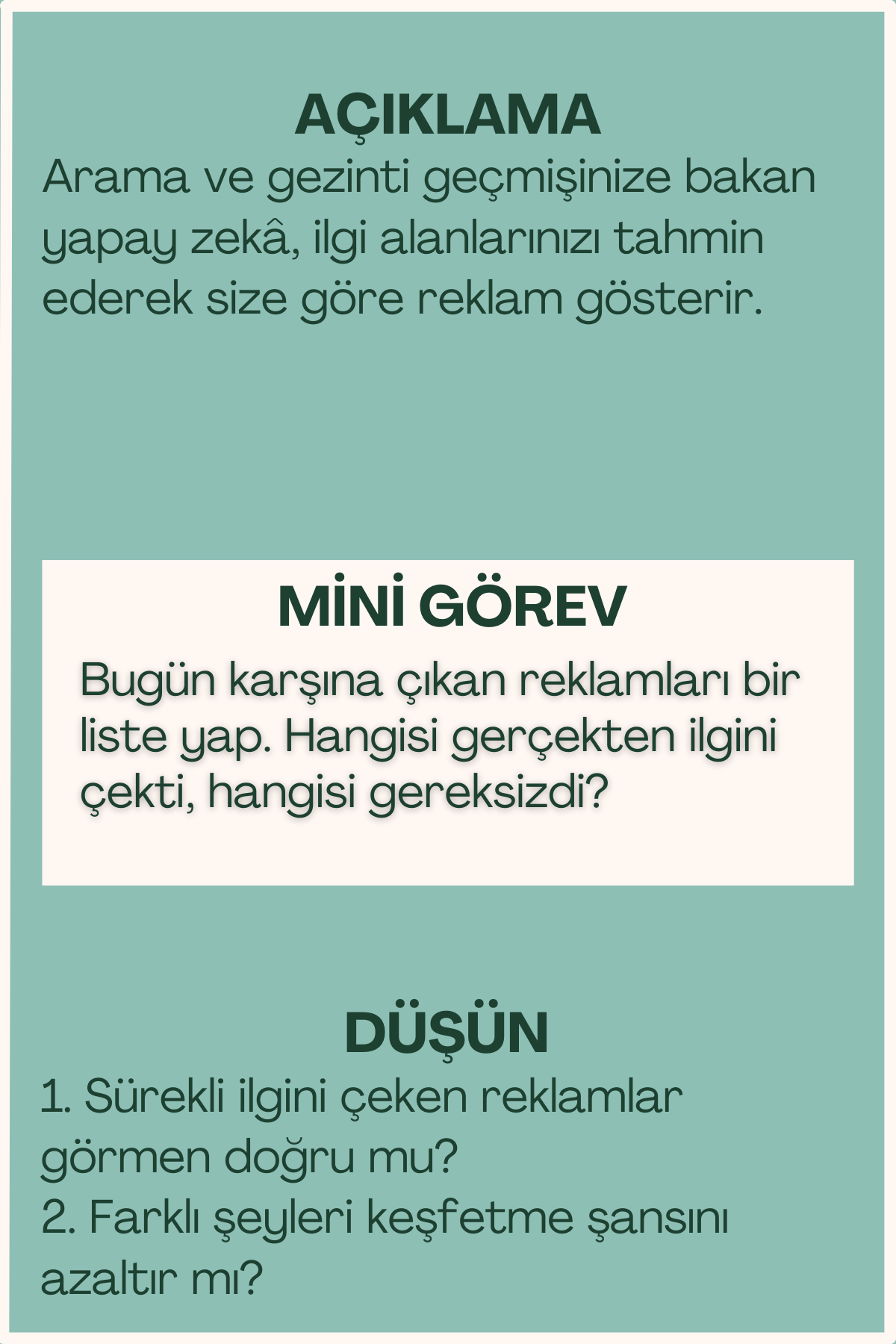 Kişiye özel reklamlar açıklaması ve mini görev içeren flash kart arka yüzü