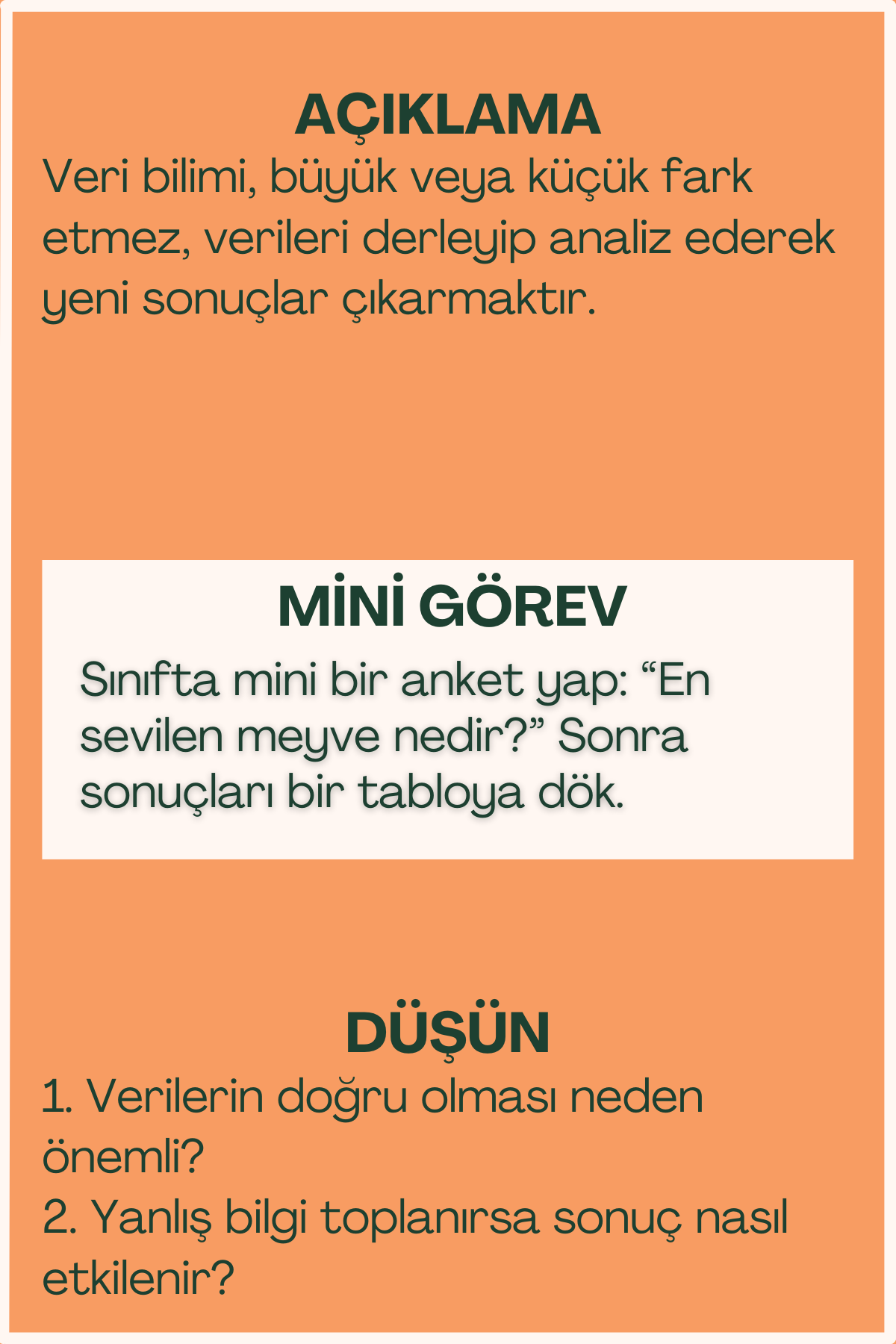 Veri bilimi açıklaması ve mini görev içeren flash kart arka yüzü