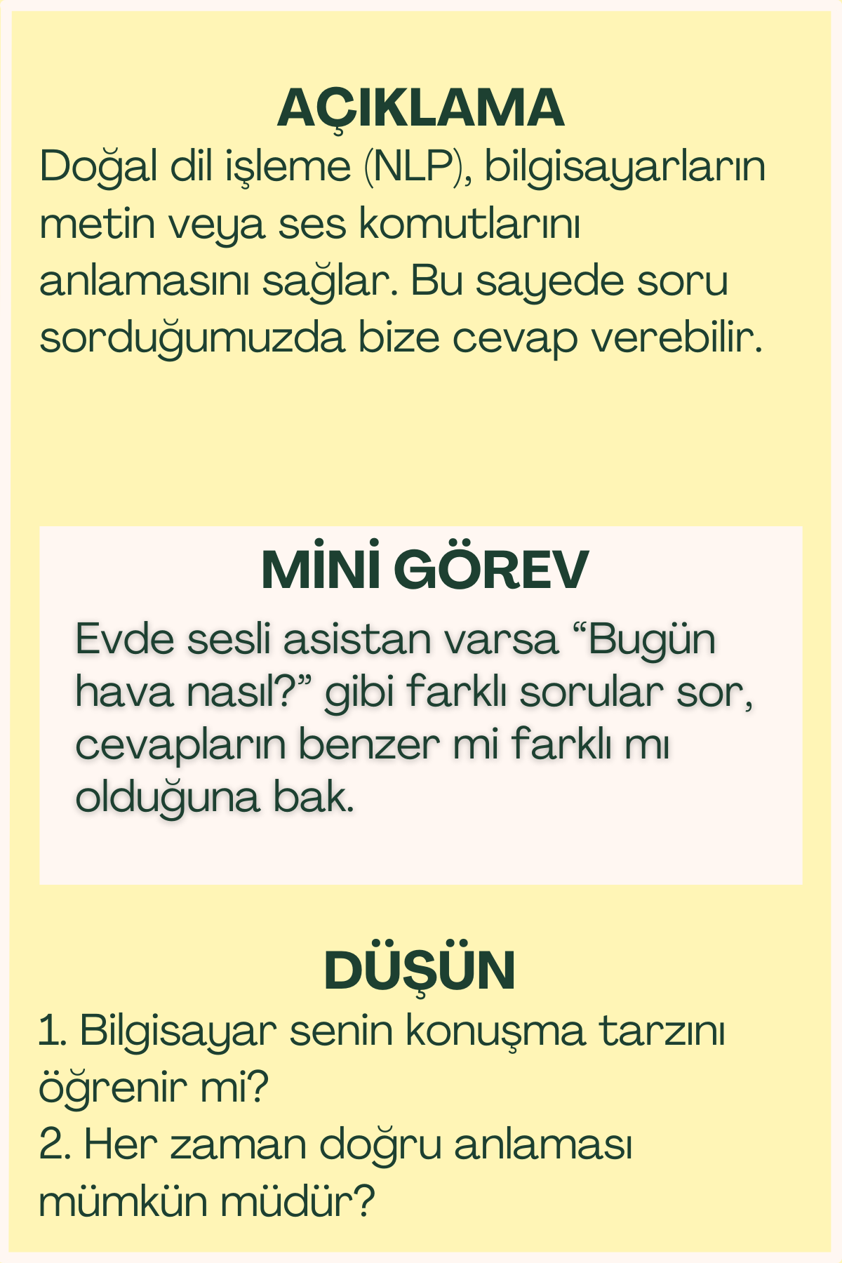 Doğal dil işleme açıklaması ve mini görev içeren flash kart arka yüzü