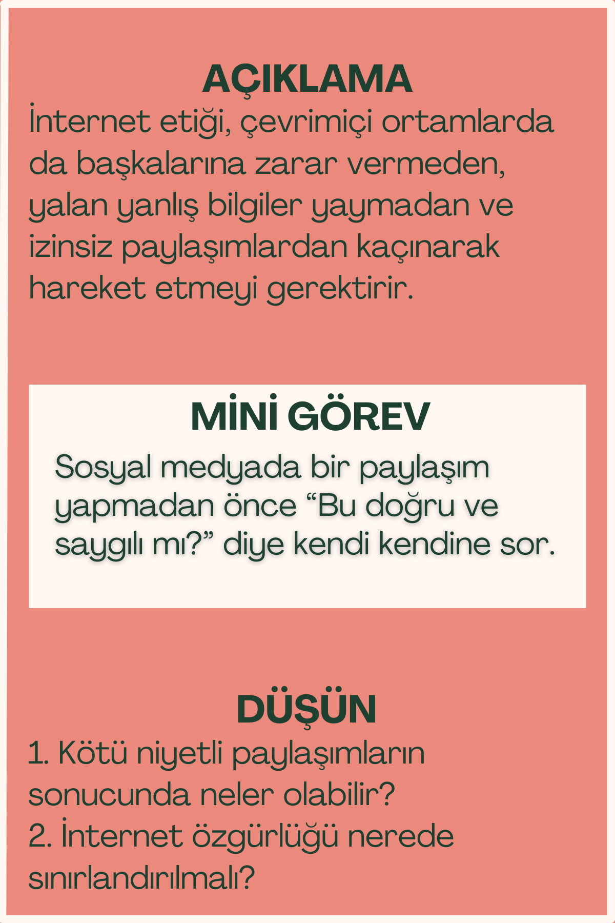 İnternet etiği açıklaması ve mini görev içeren flash kart arka yüzü