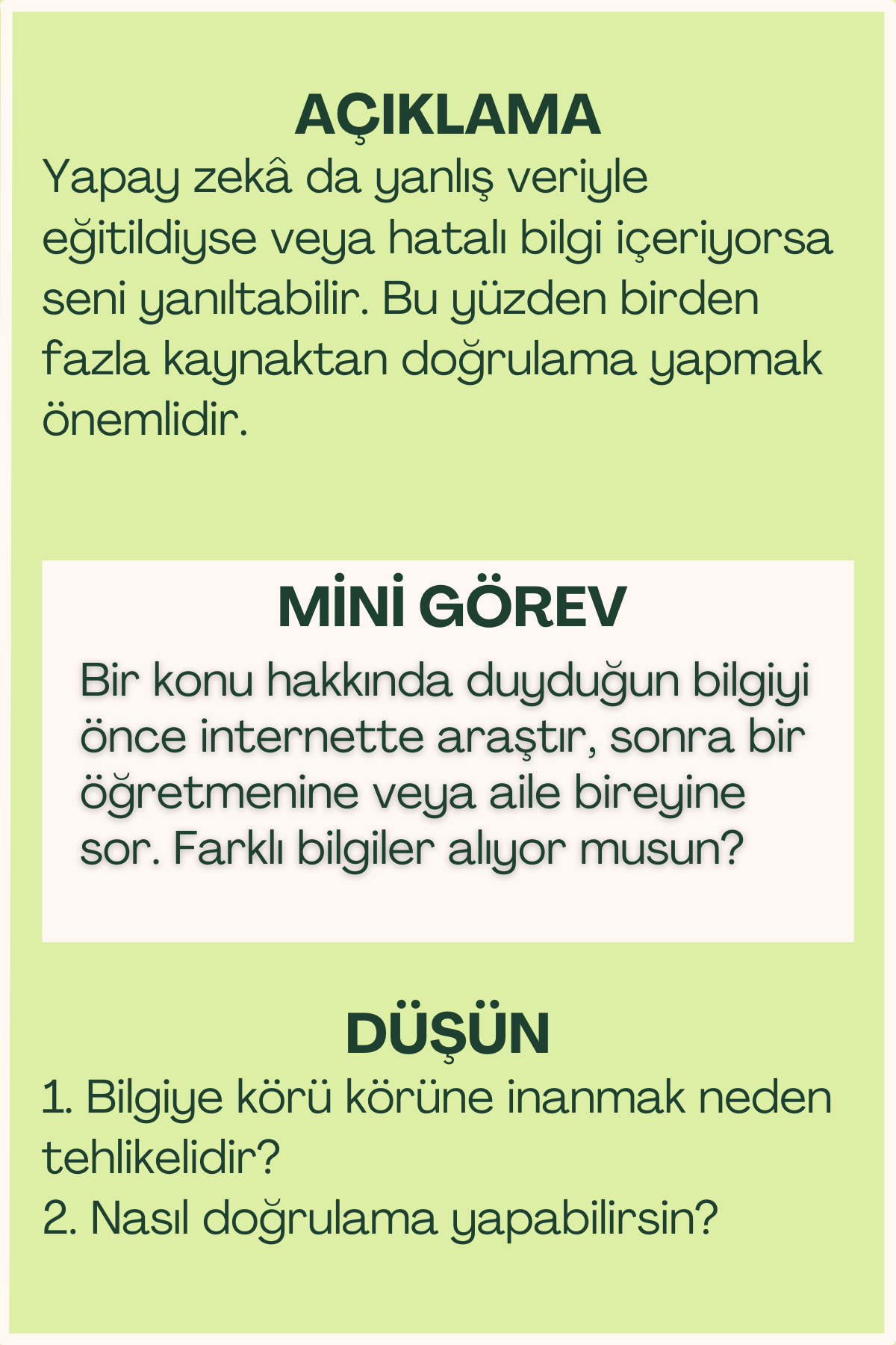 Güvenilir bilgi açıklaması ve mini görev içeren flash kart arka yüzü