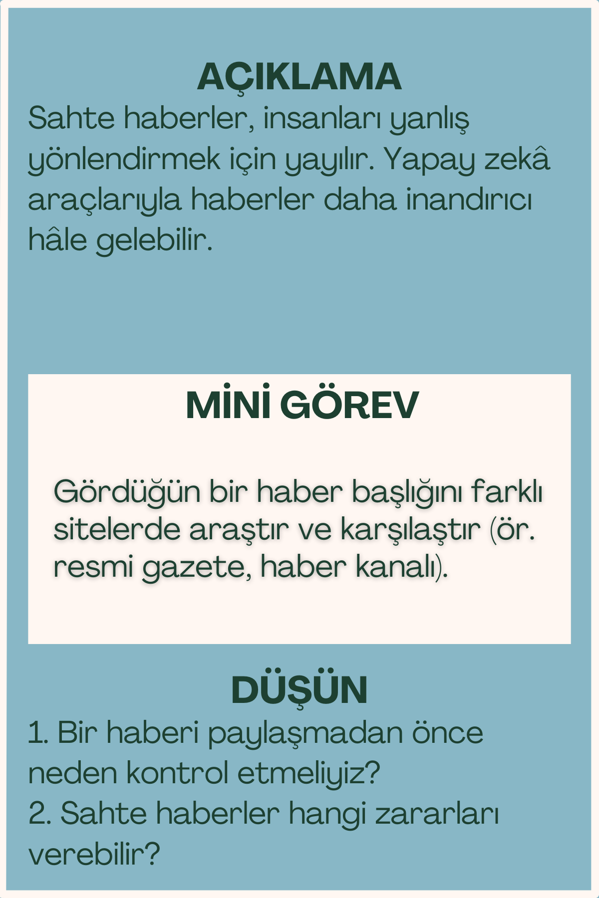 Sahte haberler açıklaması ve mini görev içeren flash kart arka yüzü