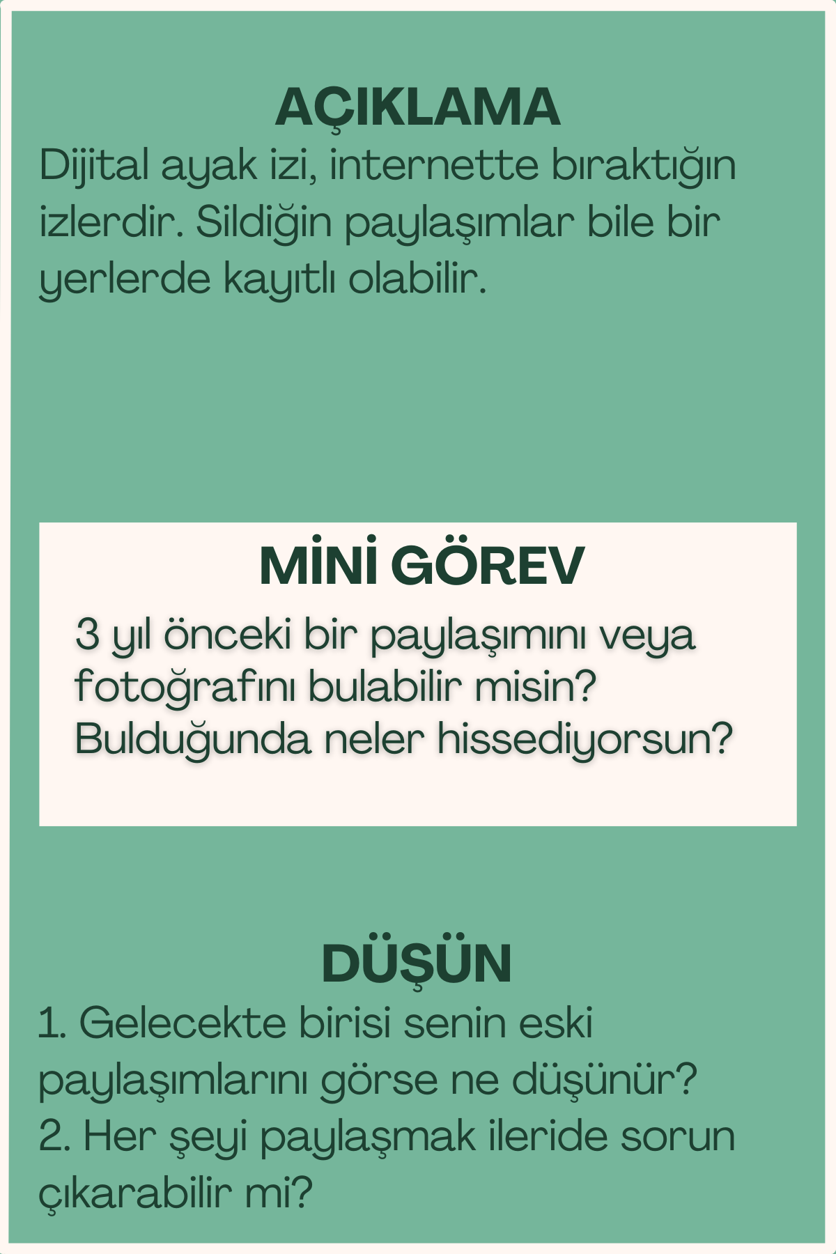 Dijital ayak izi açıklaması ve mini görev içeren flash kart arka yüzü