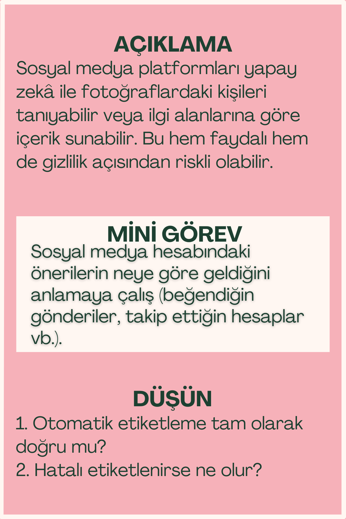 AI ve sosyal medya açıklaması ve mini görev içeren flash kart arka yüzü