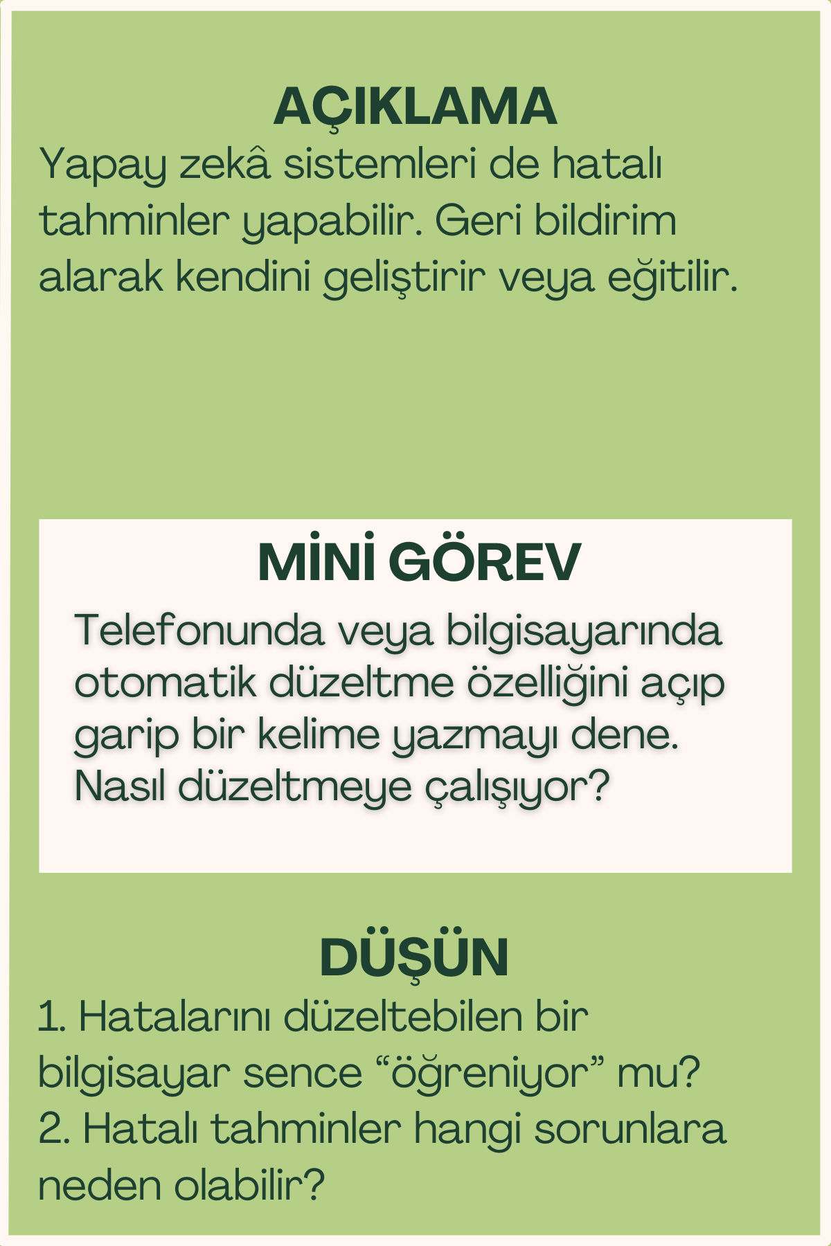 Hata düzeltme açıklaması ve mini görev içeren flash kart arka yüzü