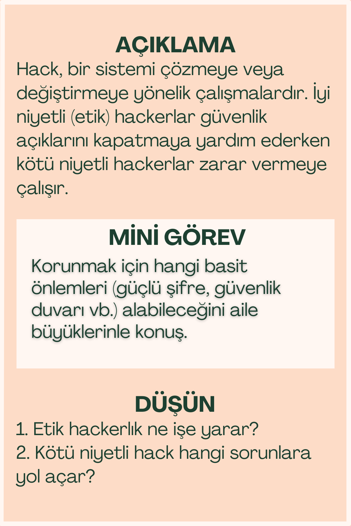 Hack açıklaması ve mini görev içeren flash kart arka yüzü