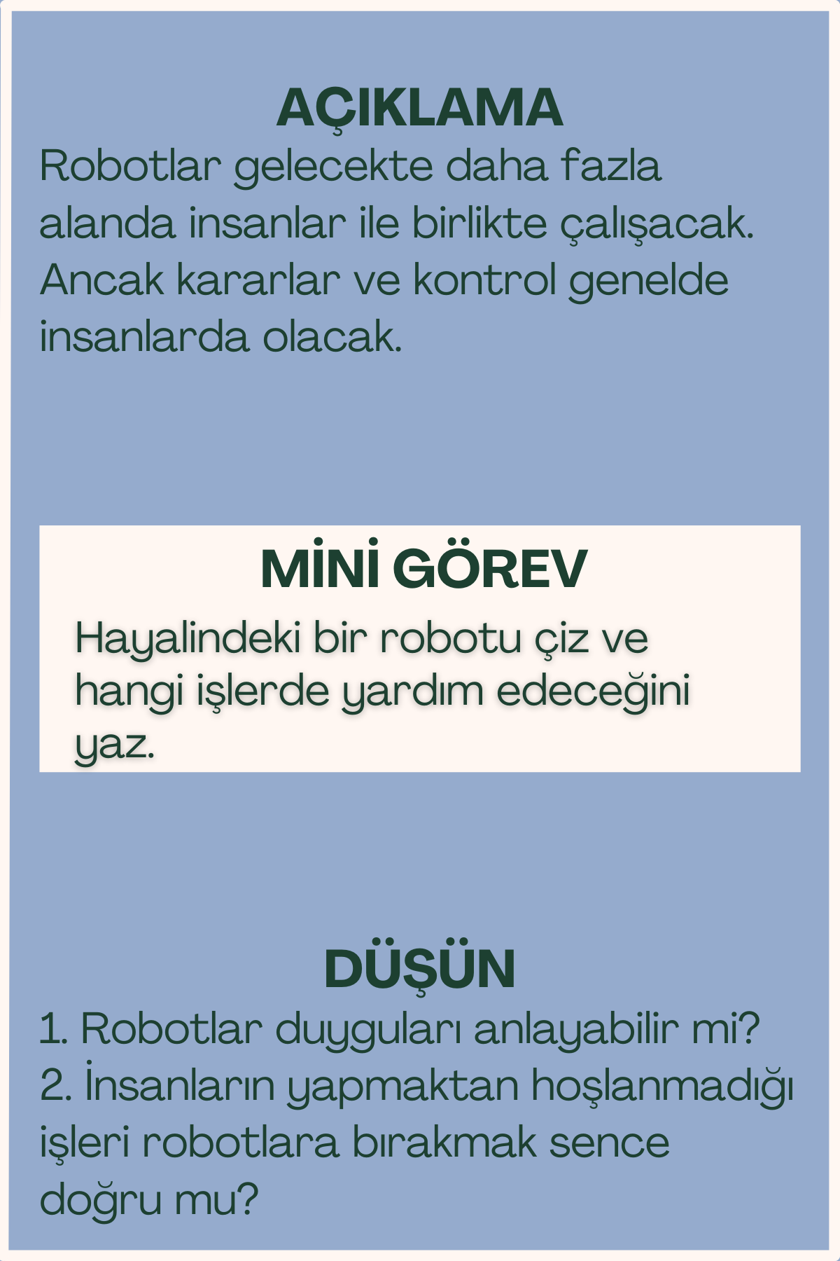 Robotların geleceği açıklaması ve mini görev içeren flash kart arka yüzü