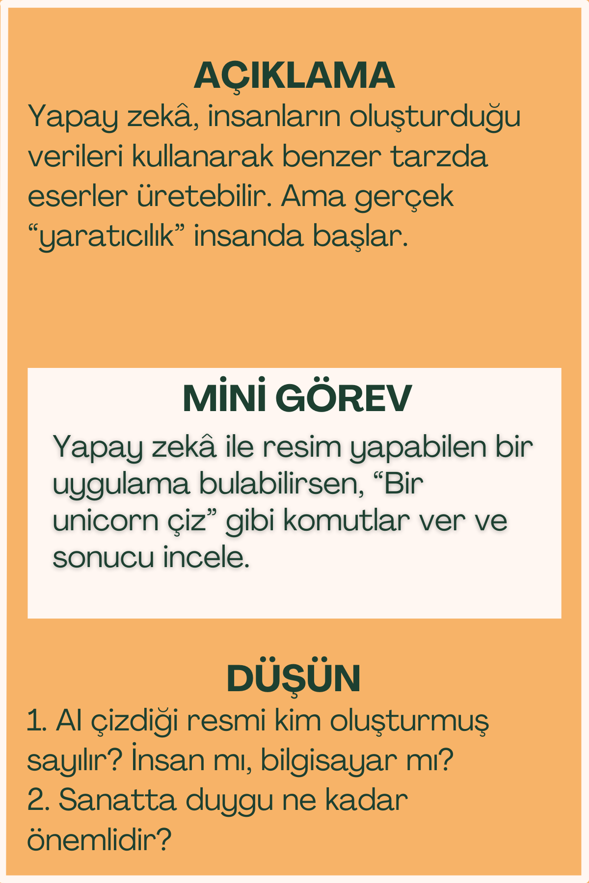 AI ve sanat açıklaması ve mini görev içeren flash kart arka yüzü