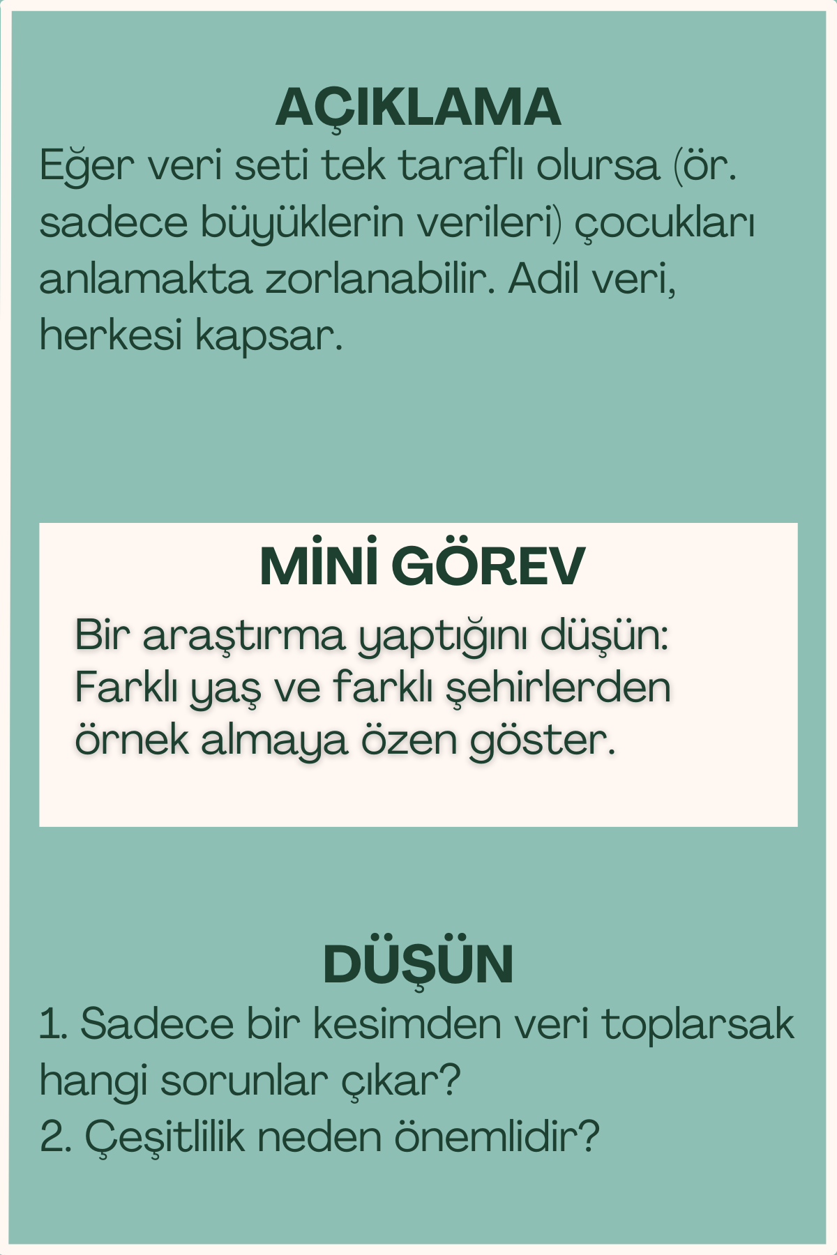 Adil veri açıklaması ve mini görev içeren flash kart arka yüzü