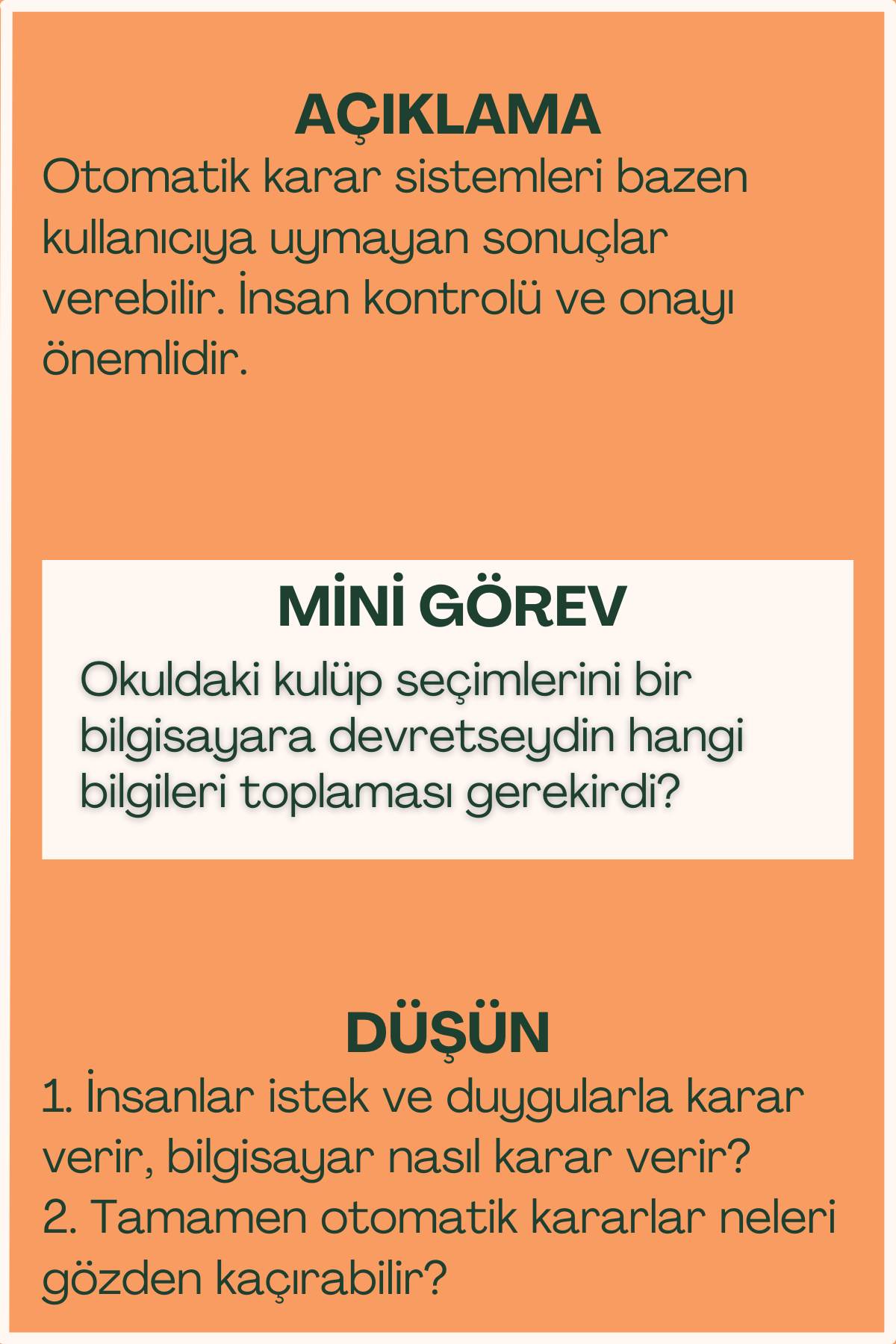 Otomatik kararlar açıklaması ve mini görev içeren flash kart arka yüzü