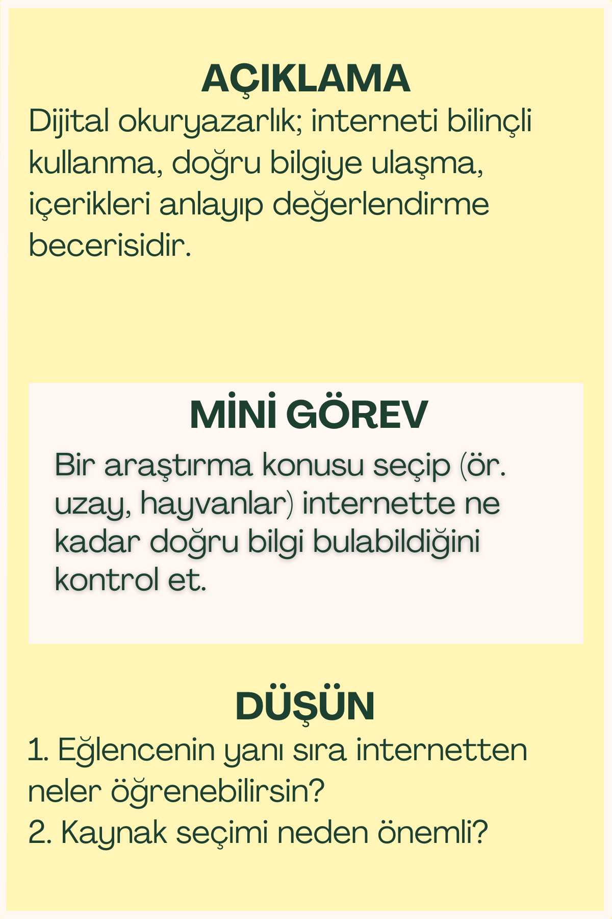 Dijital okuryazarlık açıklaması ve mini görev içeren flash kart arka yüzü
