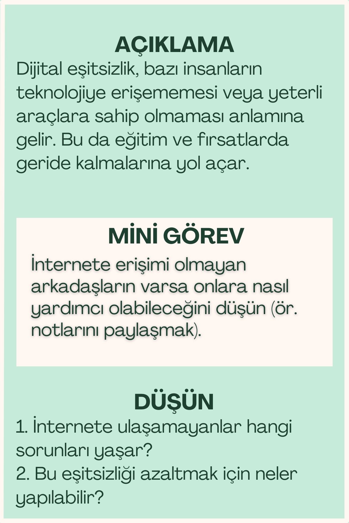 Dijital eşitsizlik açıklaması ve mini görev içeren flash kart arka yüzü