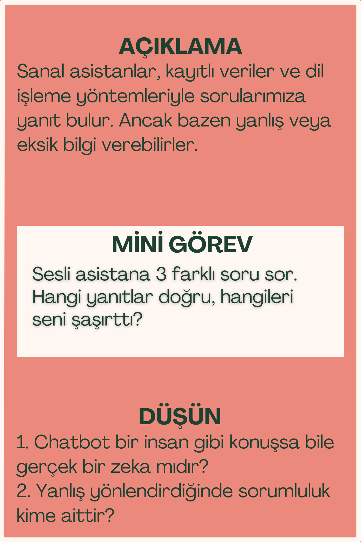 Sanal asistanlar açıklaması ve mini görev içeren flash kart arka yüzü