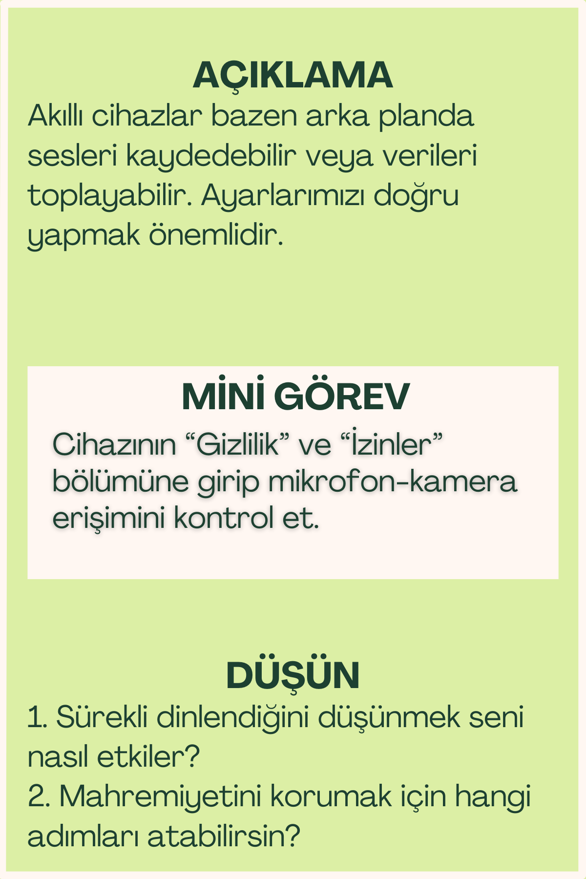 AI ve mahremiyet açıklaması ve mini görev içeren flash kart arka yüzü