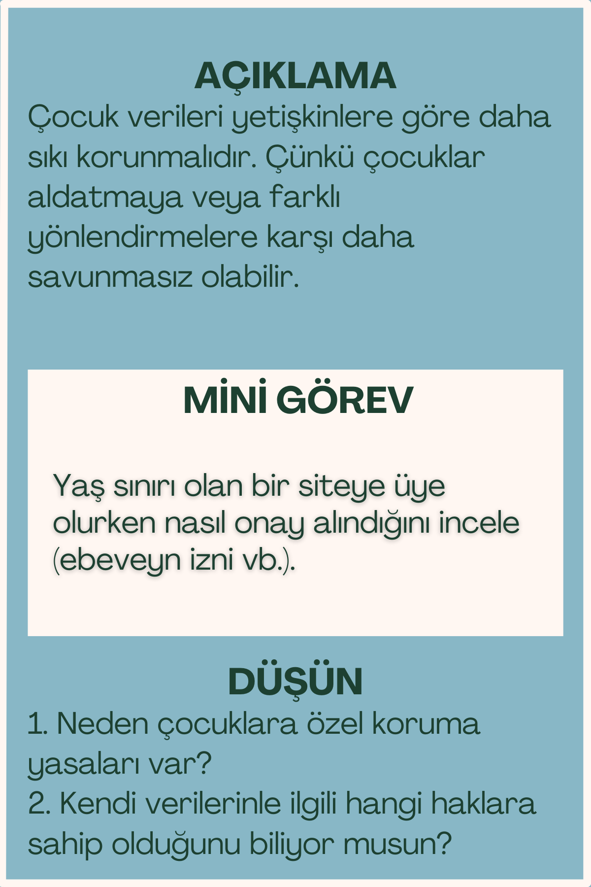 Çocuk verileri açıklaması ve mini görev içeren flash kart arka yüzü
