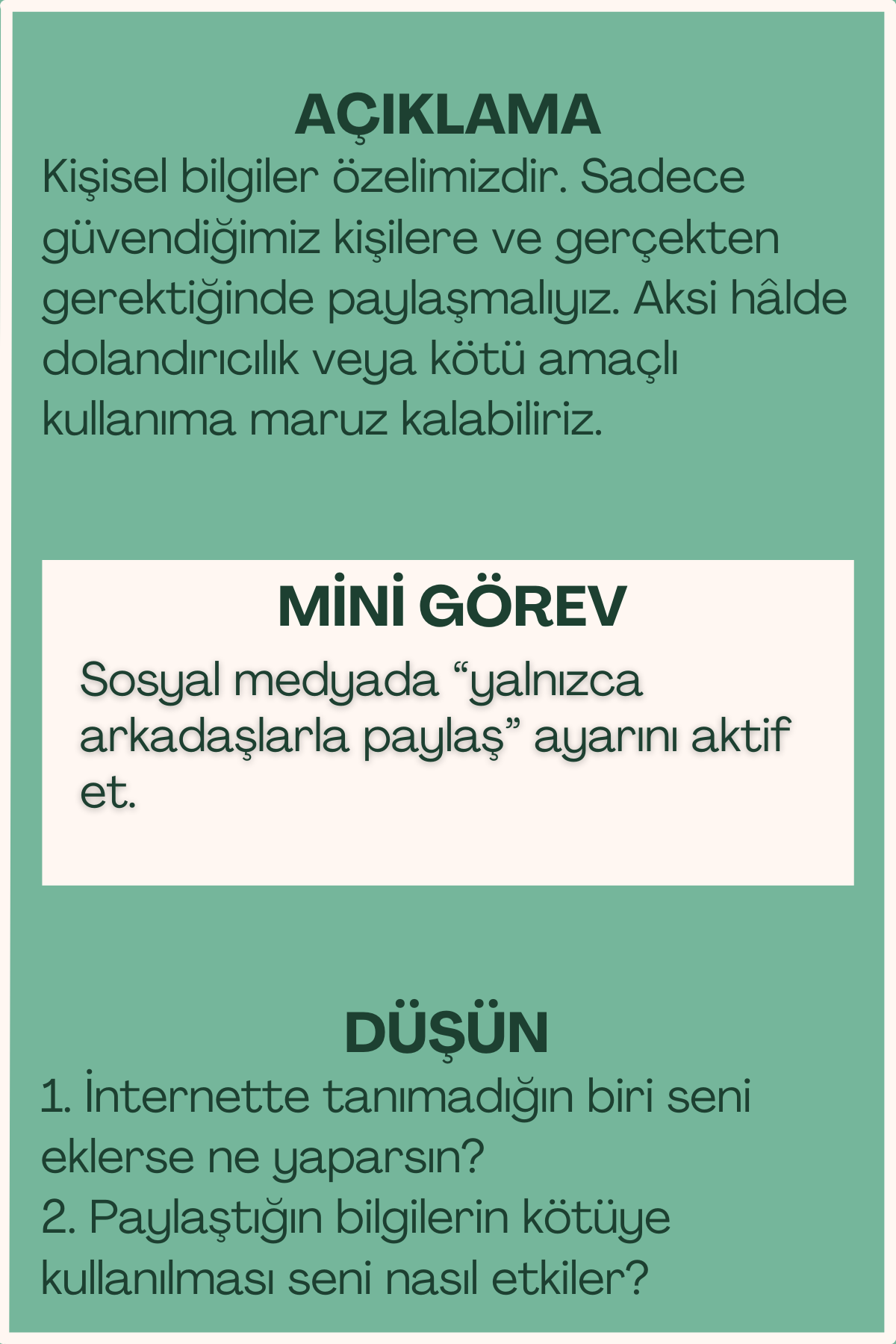 Kişisel bilgiler açıklaması ve mini görev içeren flash kart arka yüzü