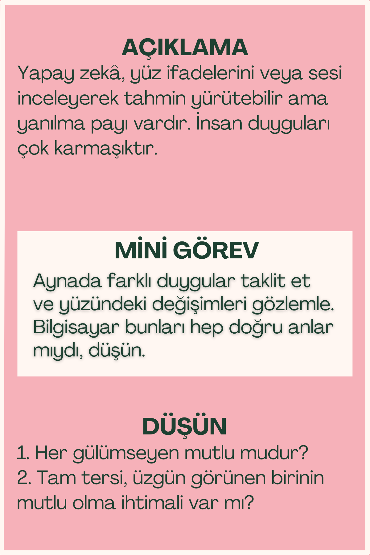 AI ve yalan tespiti açıklaması ve mini görev içeren flash kart arka yüzü