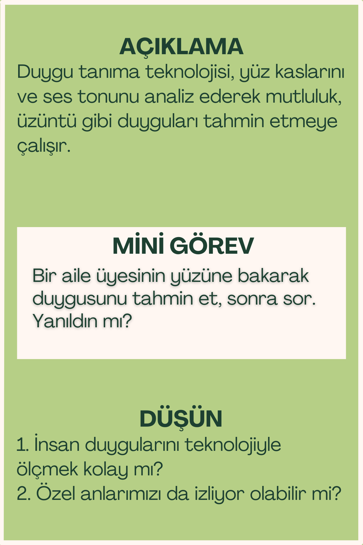 Duygu tanıma açıklaması ve mini görev içeren flash kart arka yüzü