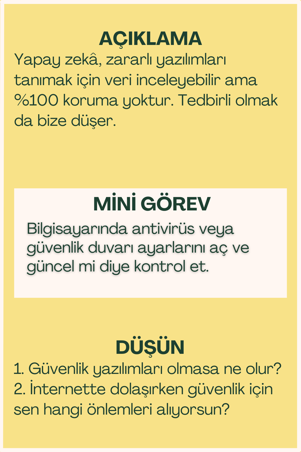 Siber güvenlik açıklaması ve mini görev içeren flash kart arka yüzü