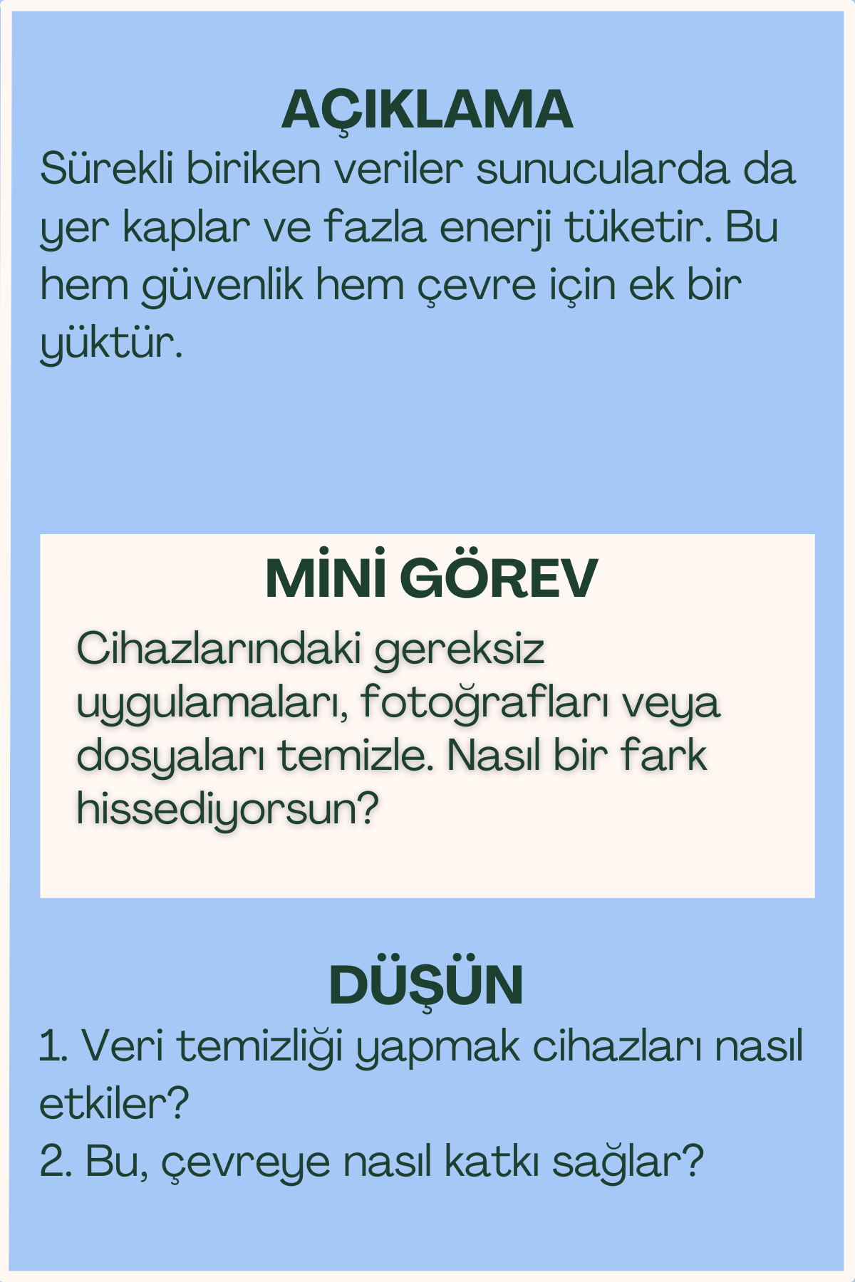 Veri temizliği açıklaması ve mini görev içeren flash kart arka yüzü