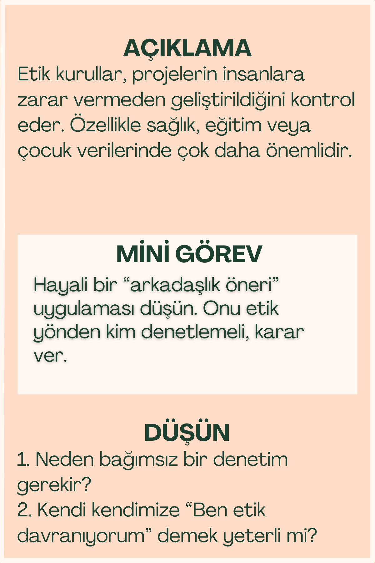 Etik denetim açıklaması ve mini görev içeren flash kart arka yüzü